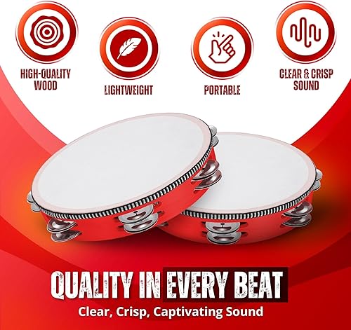 Miniatura 21 de Flexzion Pandereta redonda de madera para niños y adultos de 10 pulgadas de una sola fila, 8 pares de jingles, instrumento de percusión de mano rojo