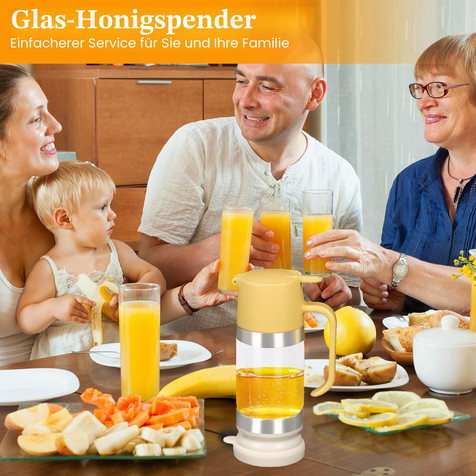 Honigspender Glas350 Ml 10,5Oz Tropfsicheres Honigglas mit Griff, Tropfsicherer Glas Honigspender mit Halterung, Sirupspender Glas Für Kaffee Oder Tee Honigspender Tropffrei Glas1 (Gelb)
