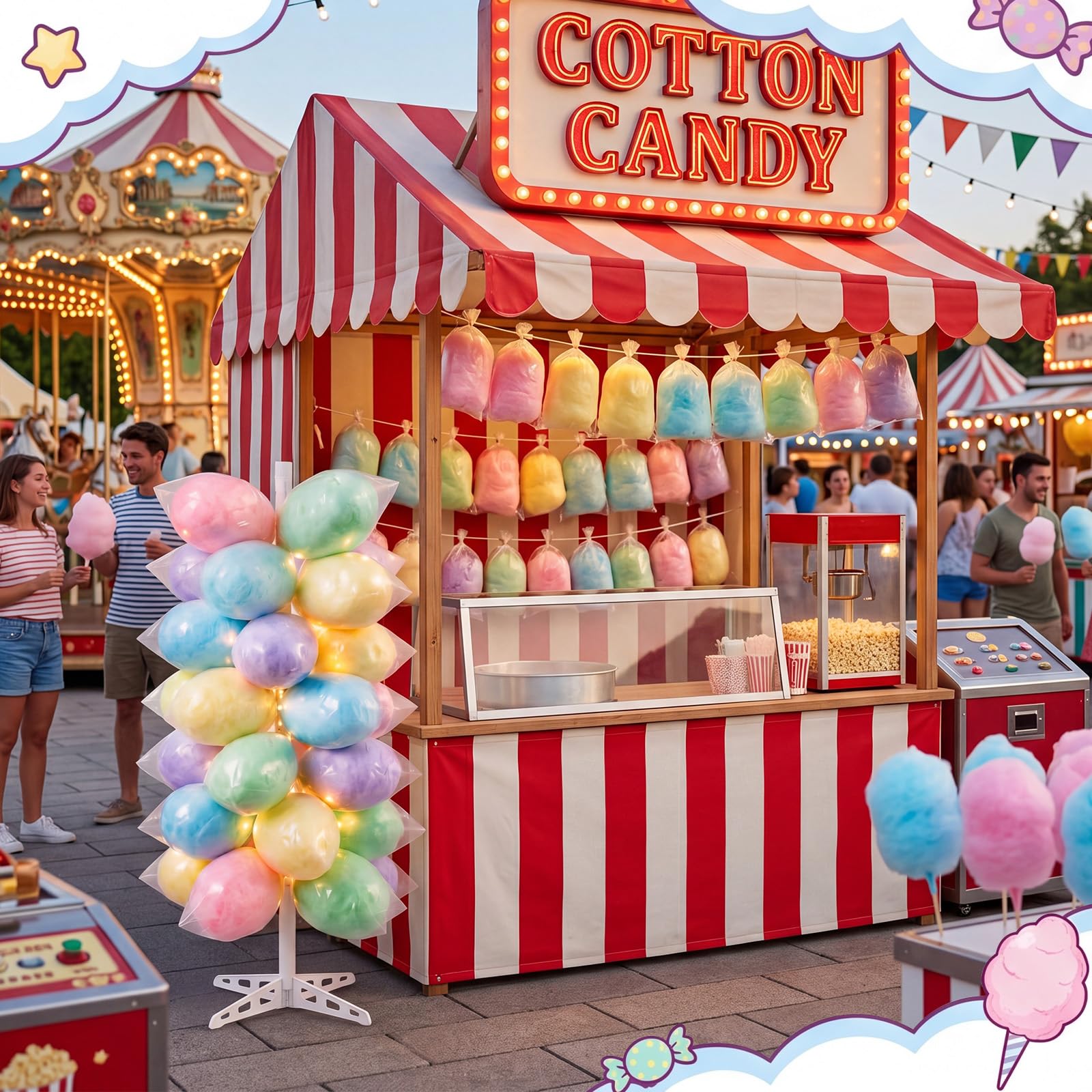 Novabright Plastikowy stojak na cukierki, 1,60 m, z oświetleniem LED, 64 otwory, regulowany, stojak na watę cukrową, artykuły imprezowe, urodziny, baby shower, ślub, 1,60 m