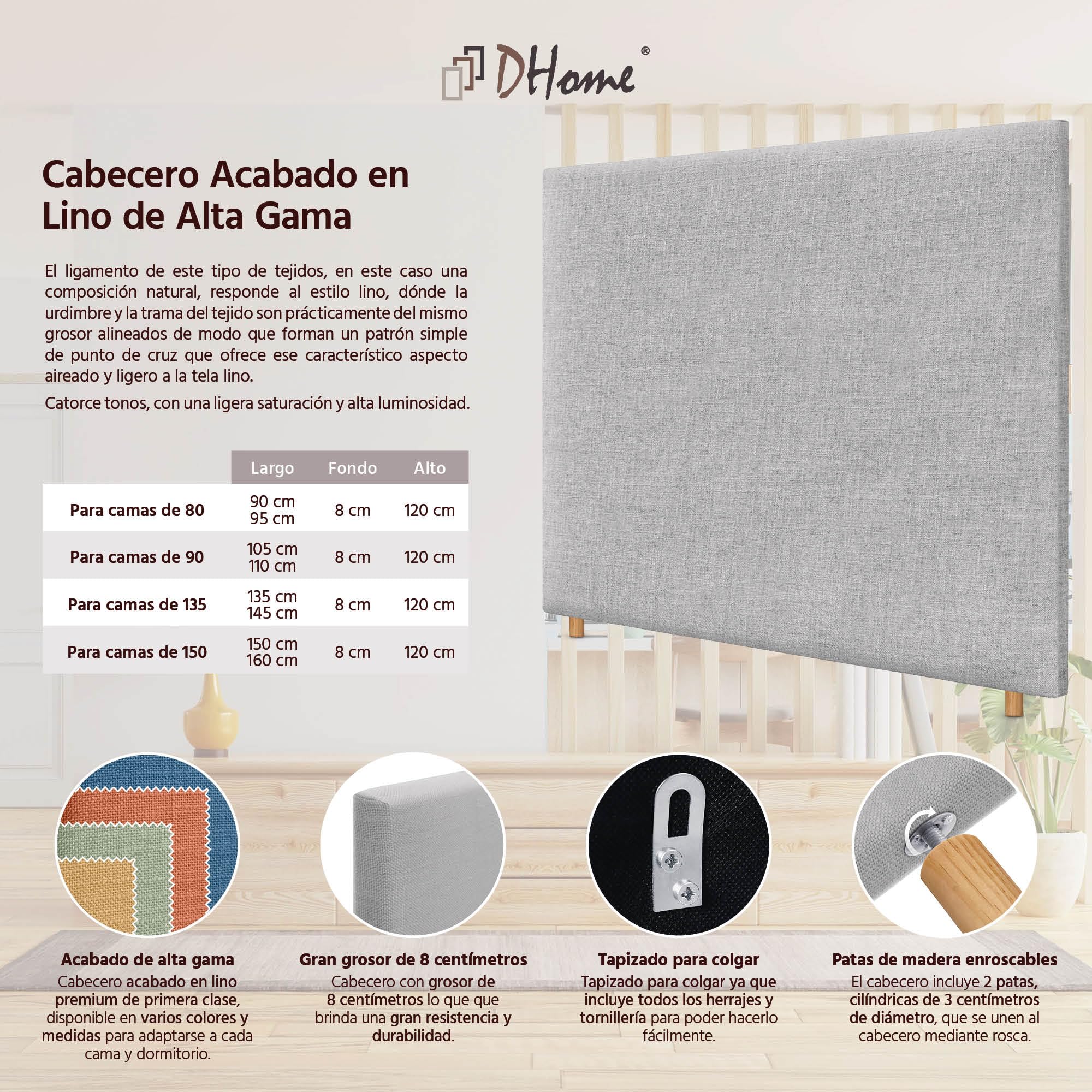 DHOME Cabecero de Lino Natural Liso hasta el Suelo con 8cm de Grosor Cabezal Tapizado Cama Dormitorio Moderno Top Trending (Gris Claro, 160cm (Camas 150))