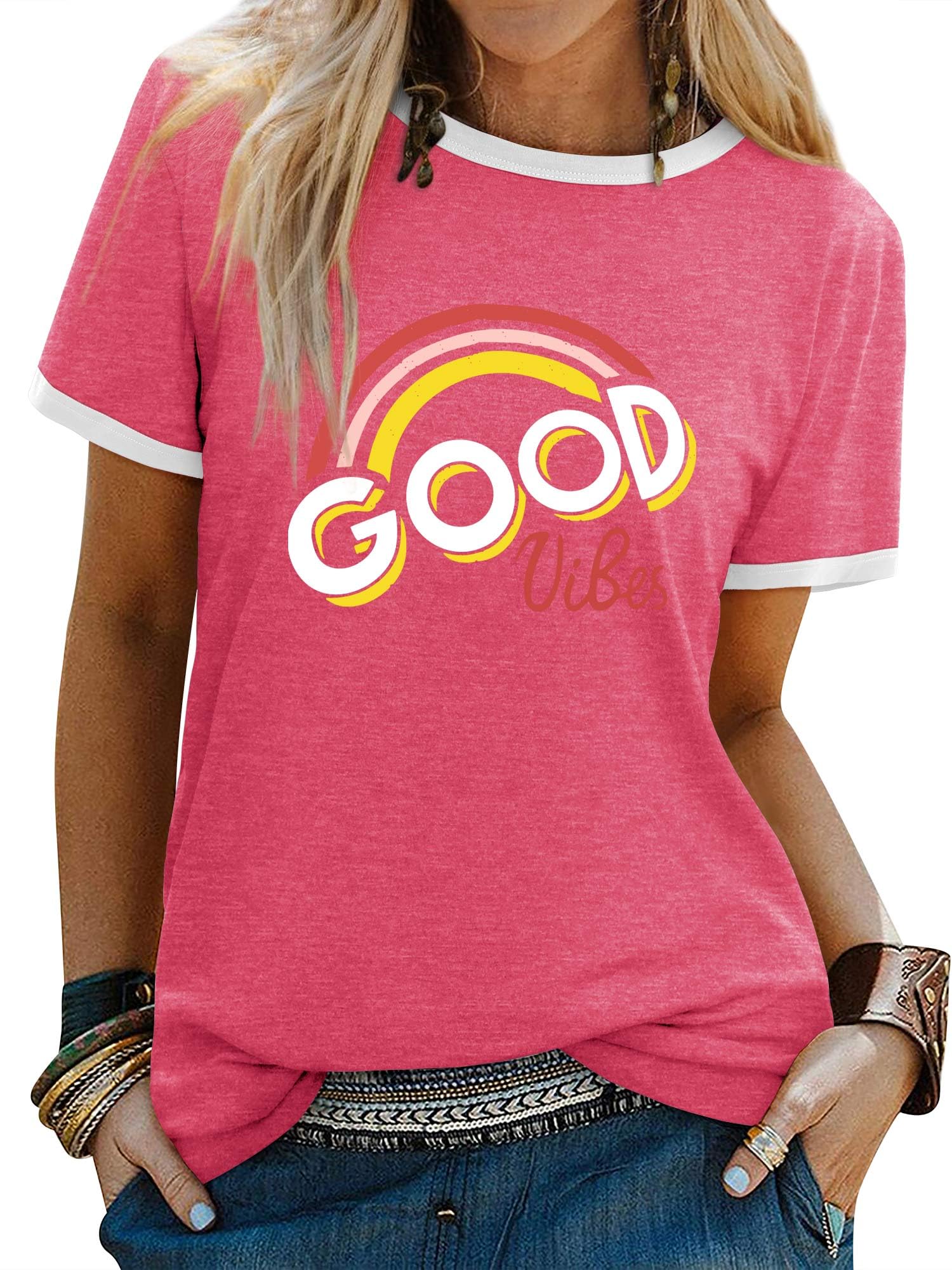 WIEIYM Tshirt Damen Rundhals Kurzarm T-Shirts Sommer T Shirts Good Vibes Regenbogen Brief Gedruckt Lässig Tee Shirts Oberteile Tops S-XXL