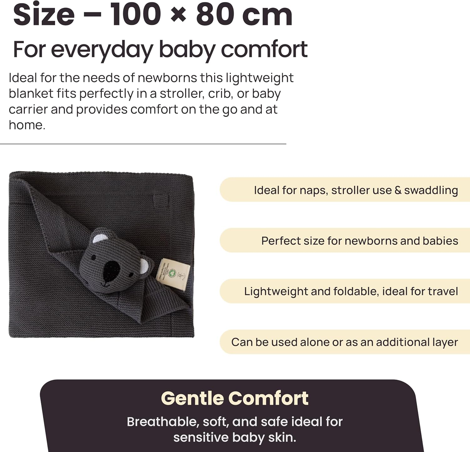 100% Organic Cotton Baby Blanket with Koala Comforter – Soft Swaddle Blanket for Newborns, Crib & Pram Bedding