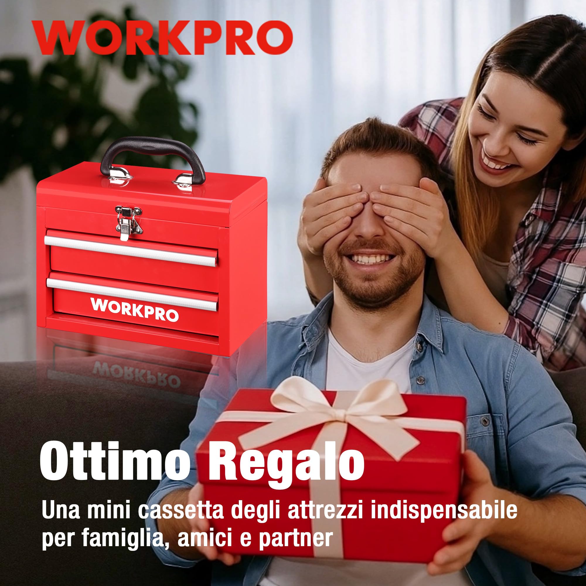 WORKPRO Cassetta Organizzatrice con Maniglia, Doppio Cassetto & | Vano Superiore, Chiusura con Latch, 27,5 × 15 × 20,8 cm, Porta Utensili per Ufficio, Officina e Spogliatoio – Rosso