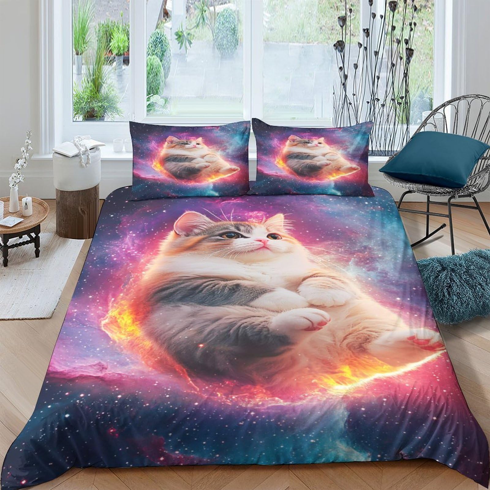 Ctjqhvkz Style-5 3D Printed Space Cat Fitted Sheet Microfiber Soft Breathable Nebula Bed Cover For Bedroom Dorm Mattress Decor Single（135X200cm）