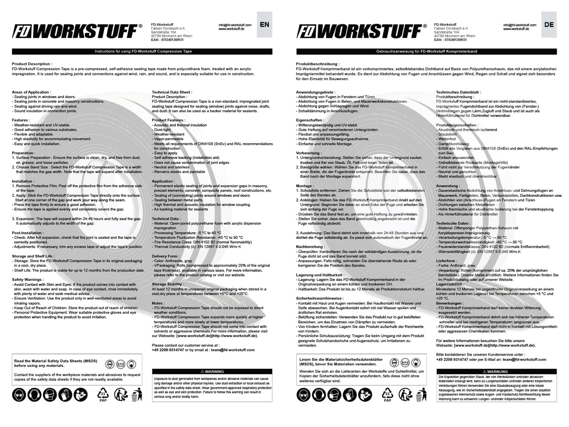 FD-Workstuff Nastro di Compressione 10/3 │ grigio │ 1 pezzo │ 10 m di lunghezza │ larghezza rotolo: 10 mm, larghezza giunto: 3-15 mm │ Nastro Sigillante per Giunto │ Nastro Sigillante per Fughe