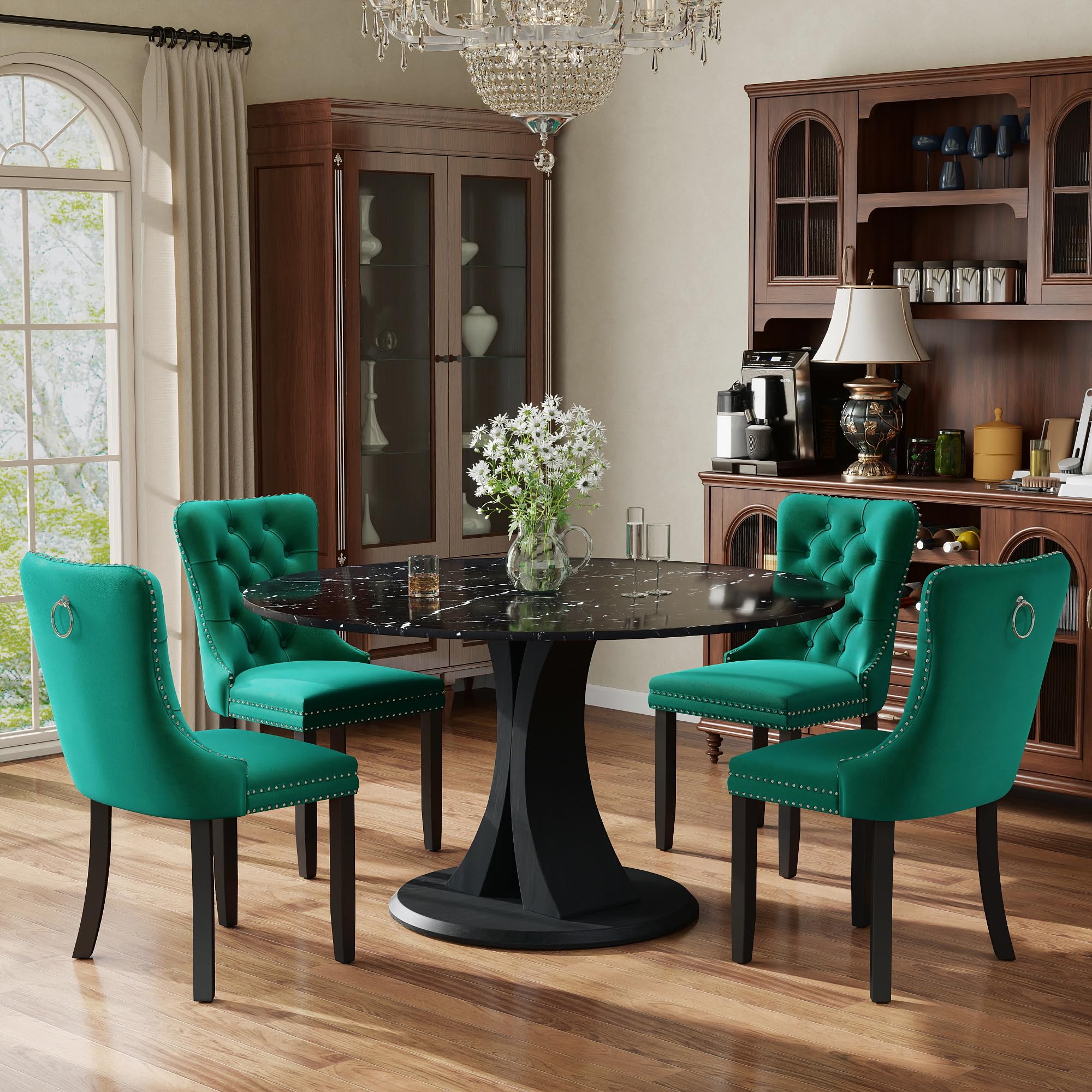 5-Piece Dining Table Set for 4 with 47 In Black Faux Marble Round Table