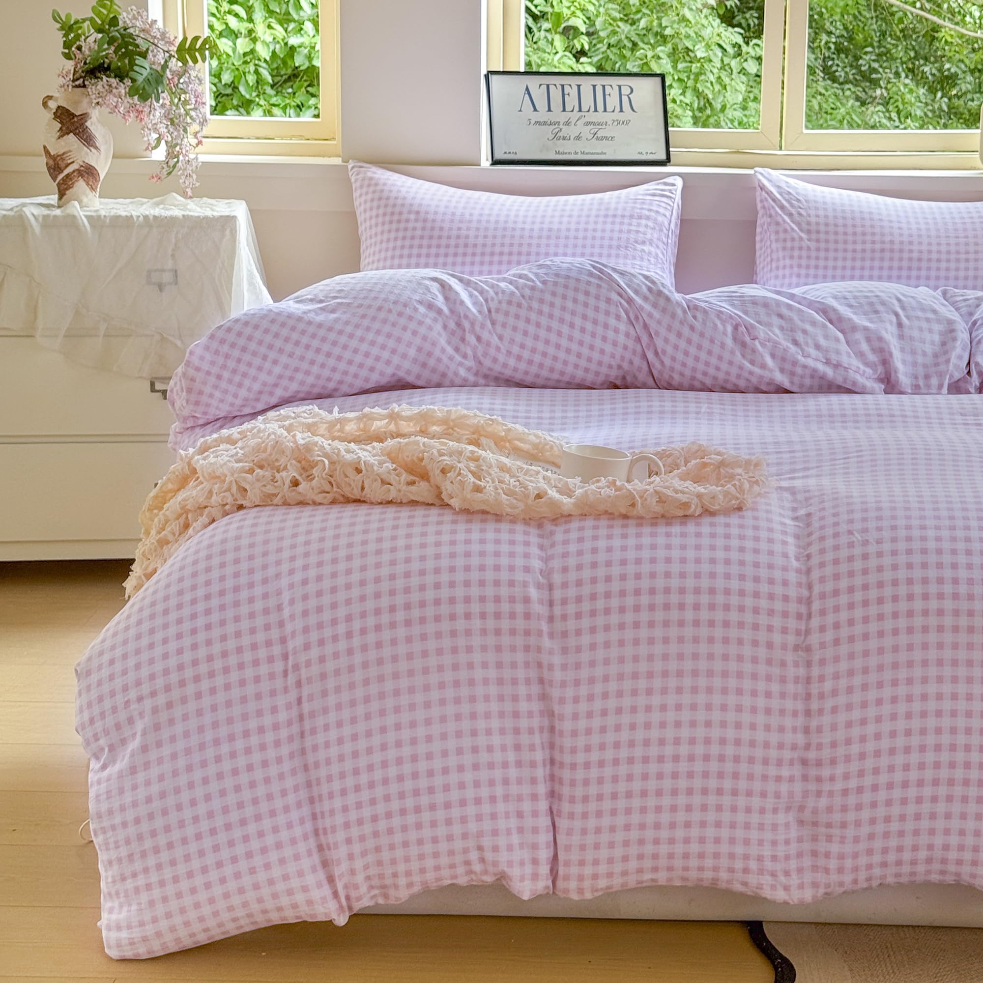 NSNLGSGC King Duvet Cover Set, Plaid Duvet Cover King Bed and 2 Pillowcases Bedding Set Easy Care 220 x 230 cm Pink Gingham
