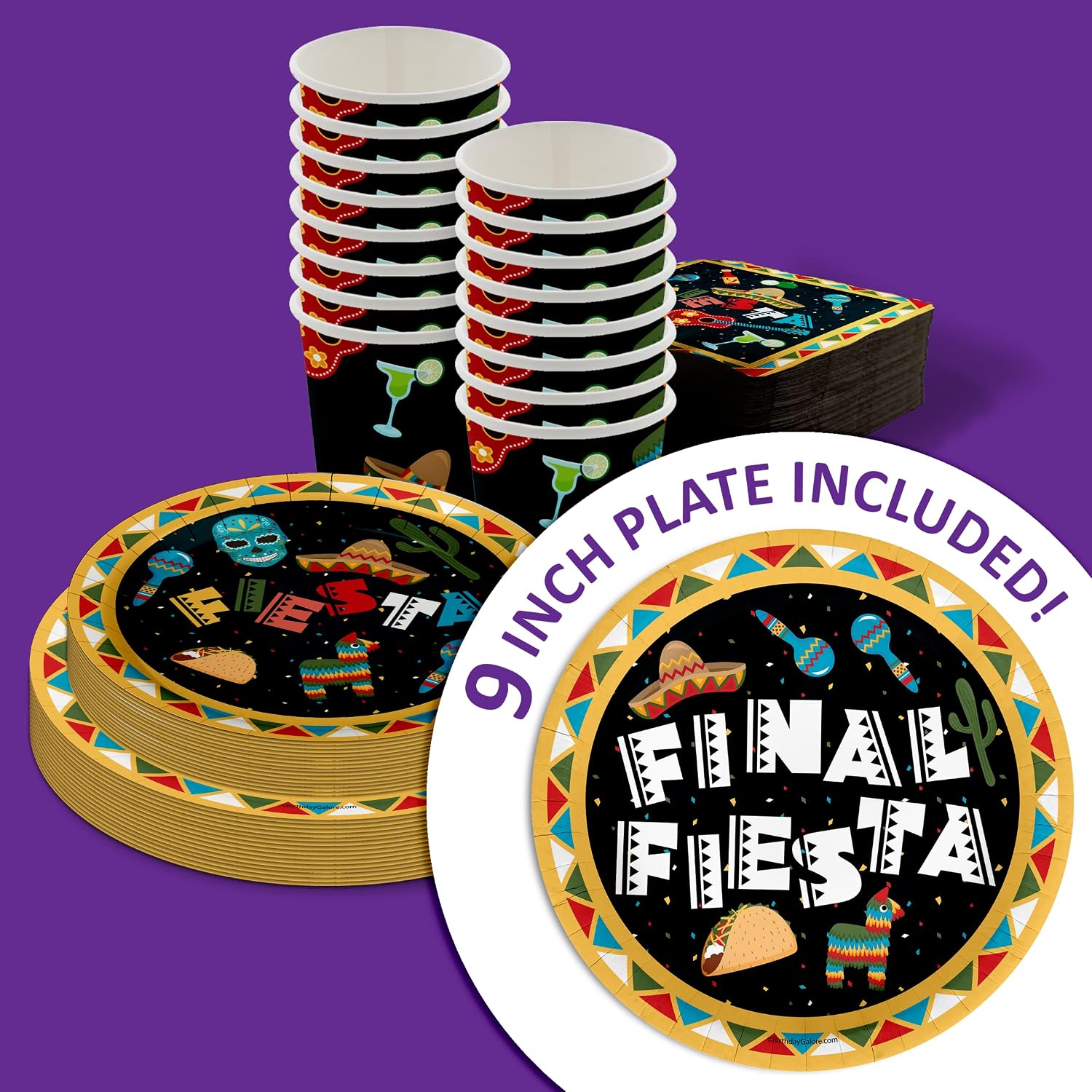 Birthday Galore Final Fiesta Bridal Shower Party Supplies - 64 Piece Mexican Theme Graduation Tableware Set Includes Large 9" Dinner Plates and 7" Dessert Paper Plates Napkins Cups - Kit for 16