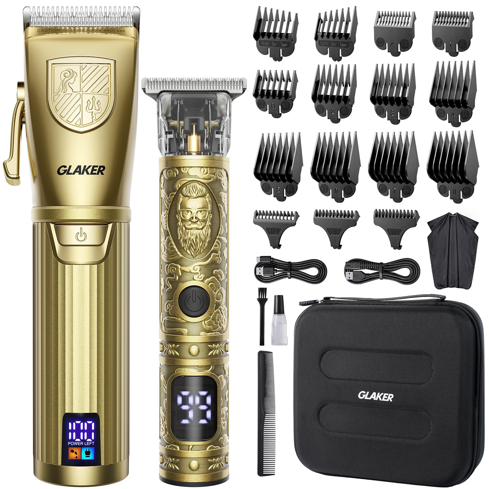 GLAKER Hair Clippers for Men,Professional Mens Hair Clippers Cordless Clippers for Hair Cutting, Hair Clippers and Hair Trimmer Kit Zero Gap Trimmer with LED Display 15 Guide Combs