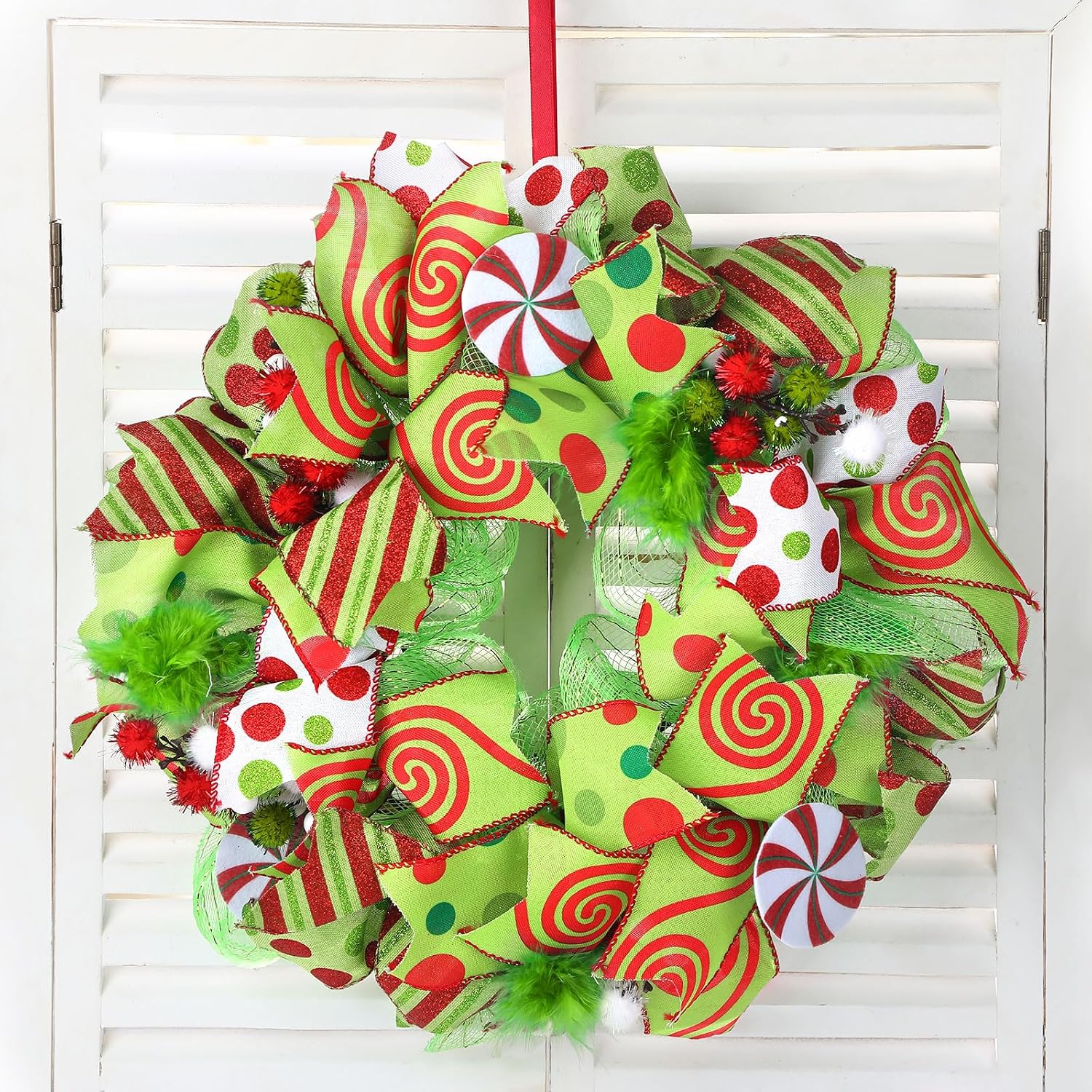 Knitgrip 14 Inch Christmas Door Wreath Christmas Front Door Decoration Wreath Red and Green Ribbon Reef for Indoor Outdoor Garland Porch Window Wall Xmas Tree Fireplace Mantel