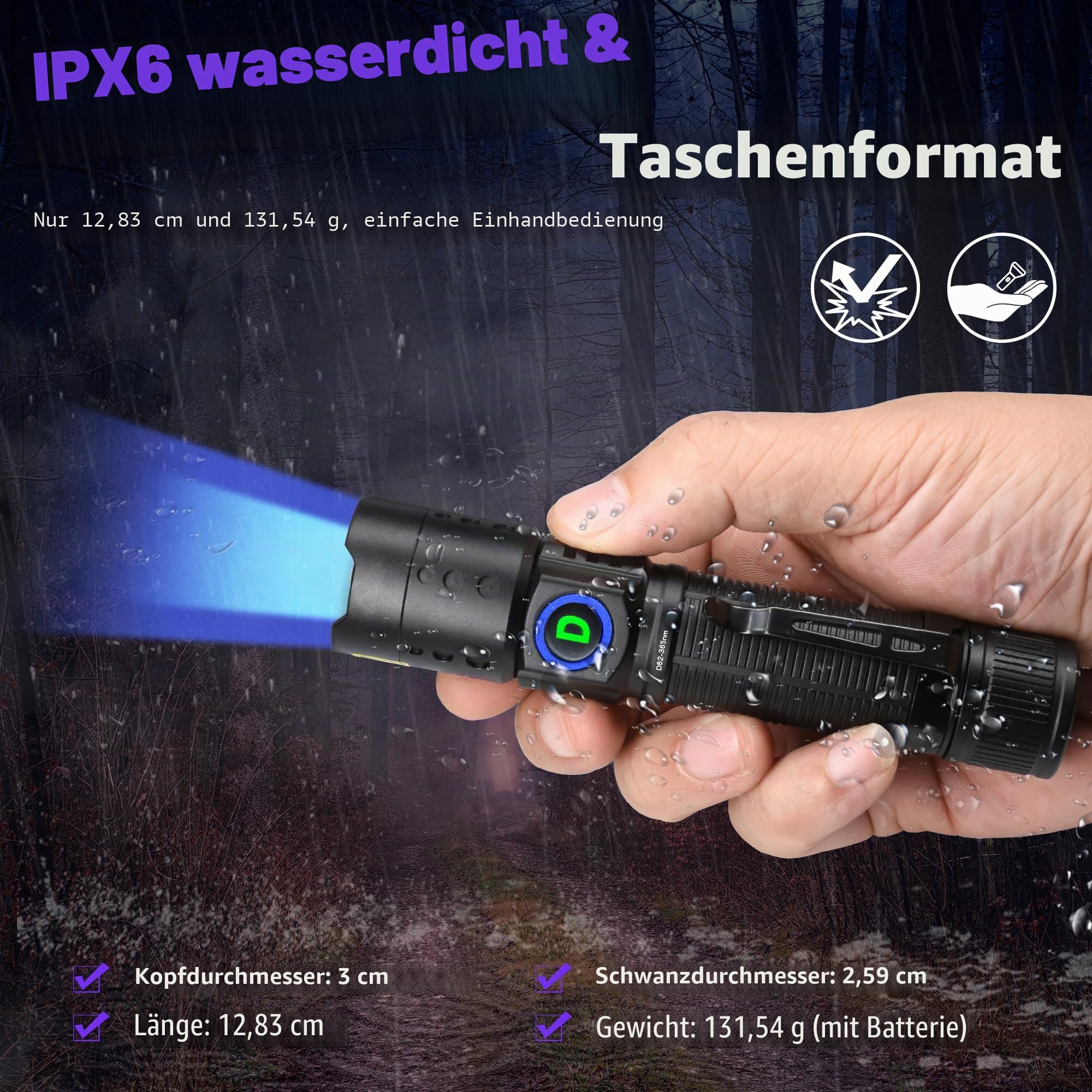 DARKDAWN UV Taschenlampe 365nm Schwarzlicht, Mini USB-C wiederaufladbare LED mit schwarzem Spiegel, fluoreszierender tragbarer Detektor für Haustier Urin Flecken, Anti-Fälschung Identifikation