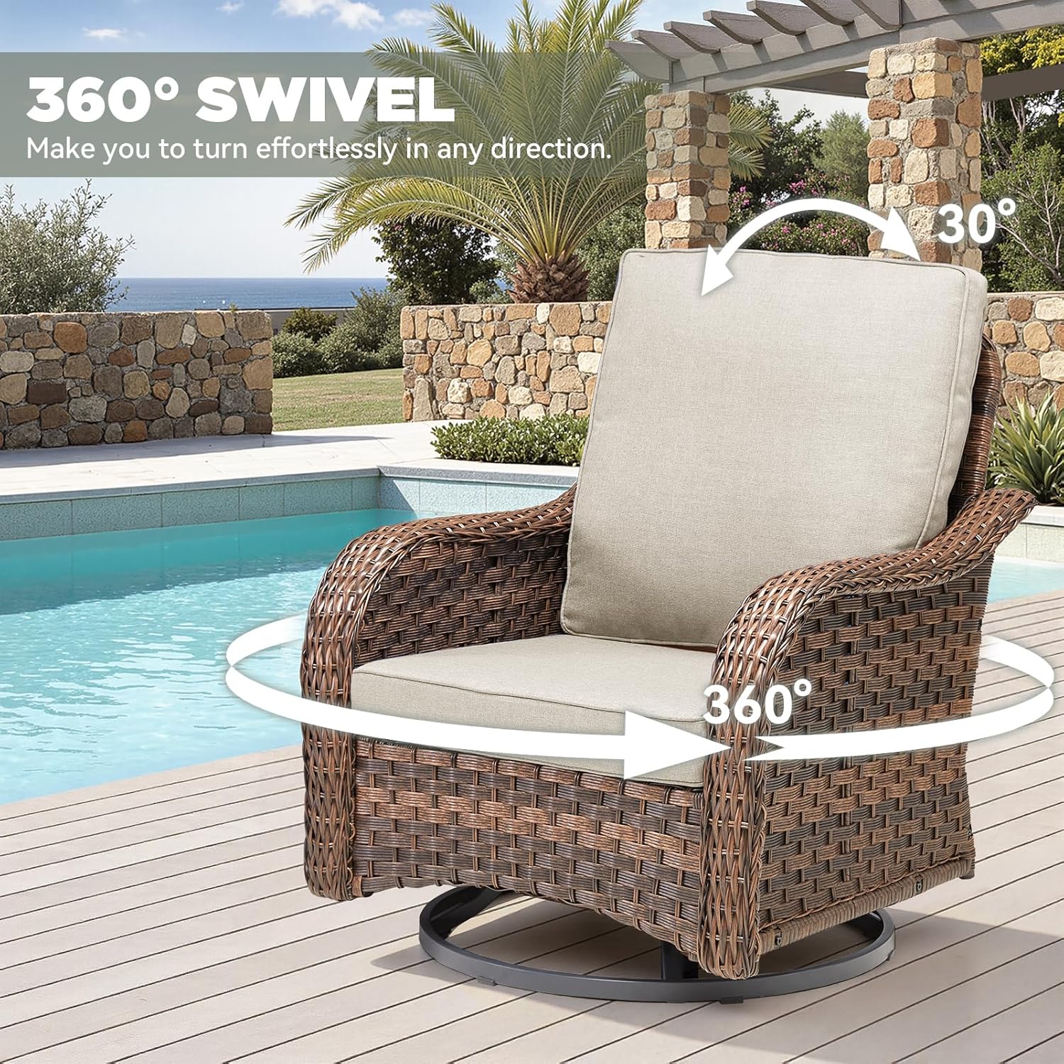 5 PCS Patio Furniture Set, 2 Swivel Rocking Chairs with 2 Ottomans & Side Table, 4-Inch Thick Olefin Cushions, 300 lbs Capacity Wicker Swivel Rocker Chairs for Porch, Balcony, Backyard, Beige