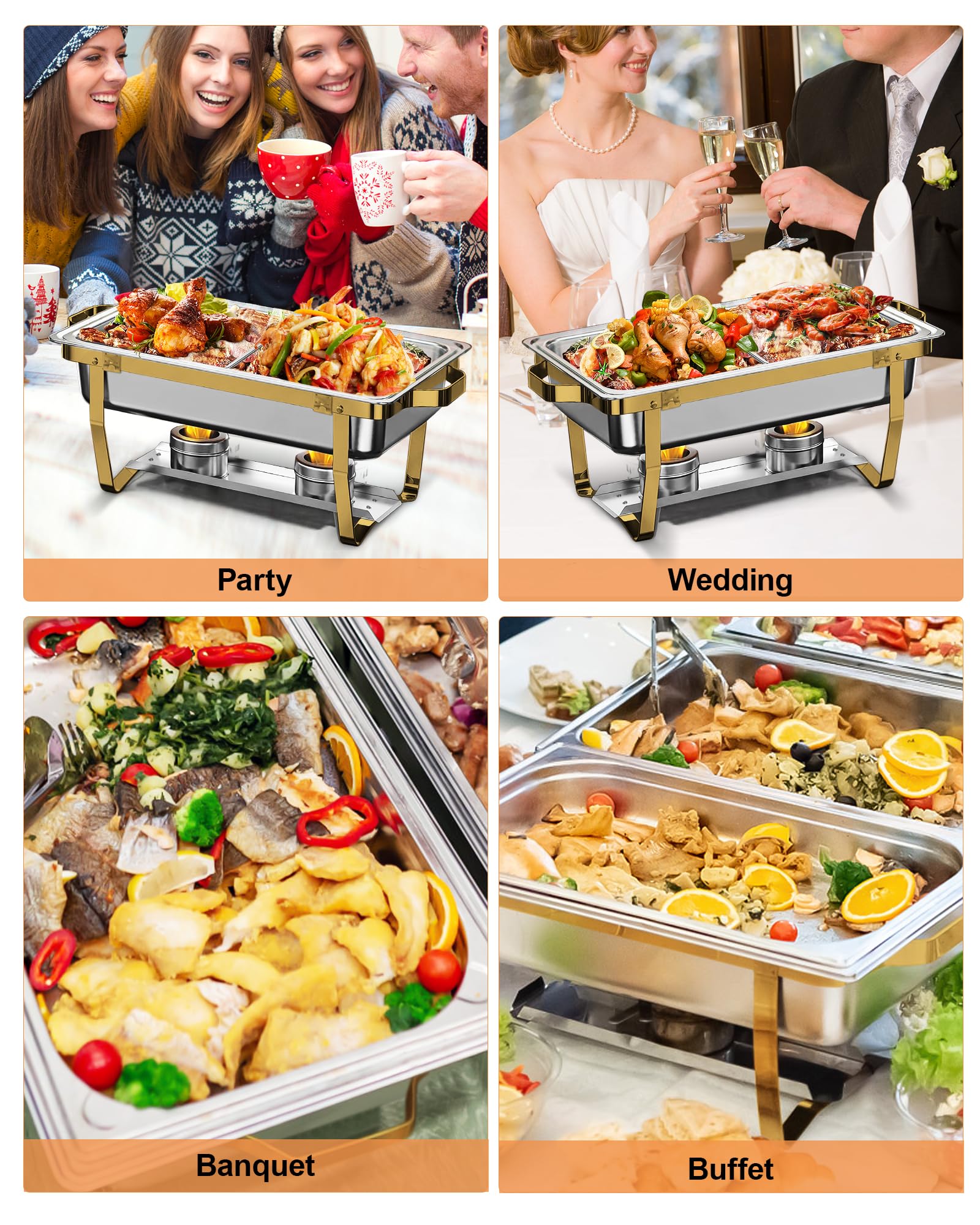 Chafing Dish Buffet Lot de 4 Chauffe-Plats en Acier Inoxydable 9L,Récipients de Maintien au Chaud Robuste (Design à Bord Roulé) Qualité Supérieure pour Traiteur, Buffet, Fête - Carré Doré