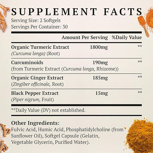 Miniatura 2 de Suplemento de curcumina de cúrcuma liposomal de 2000 mg, extracto curcuminoide estandarizado al 95% y polvo de raíz orgánica con fruta de pimienta