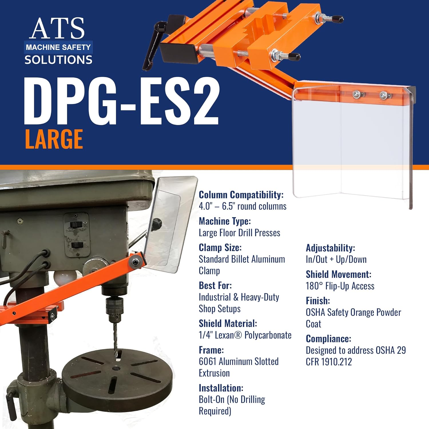 ATS Large Econ-Series Drill Press Guard, OSHA Compliant Safety Shield for 4.0" to 6.5" Large Round Columns, Billet Aluminum & Lexan, Made in USA, DPG-ES2