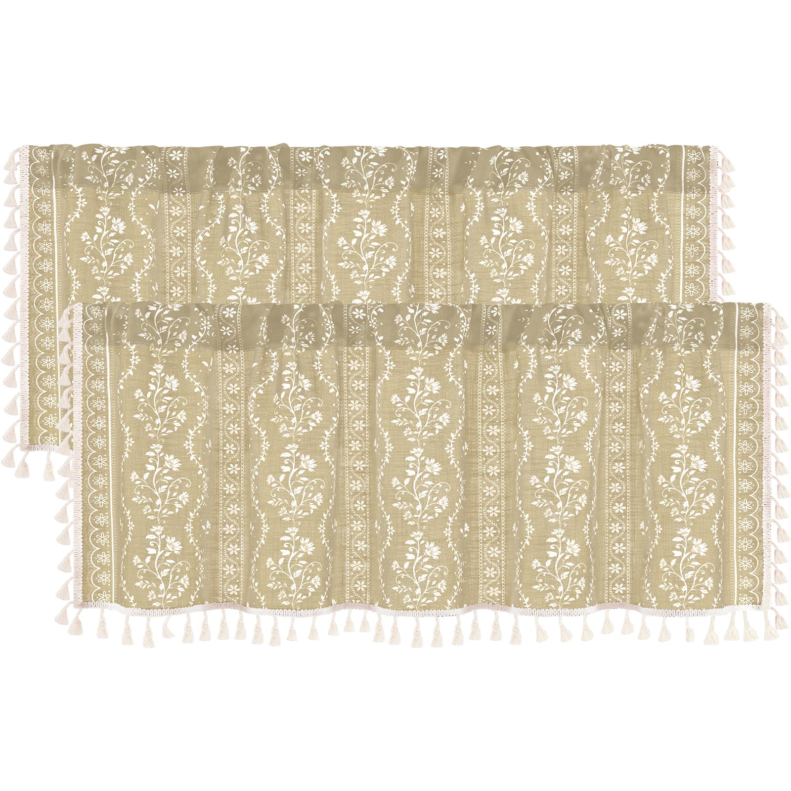 Yinhua 2 Pack Boho Valance Curtains Vintage Linen Natural Kitchen Valances for Windows Light Filtering Bohemian Valance Rod Pocket Farmhouse Tassel Window Valances for Bathroom Cafe, 52" W X 18" L