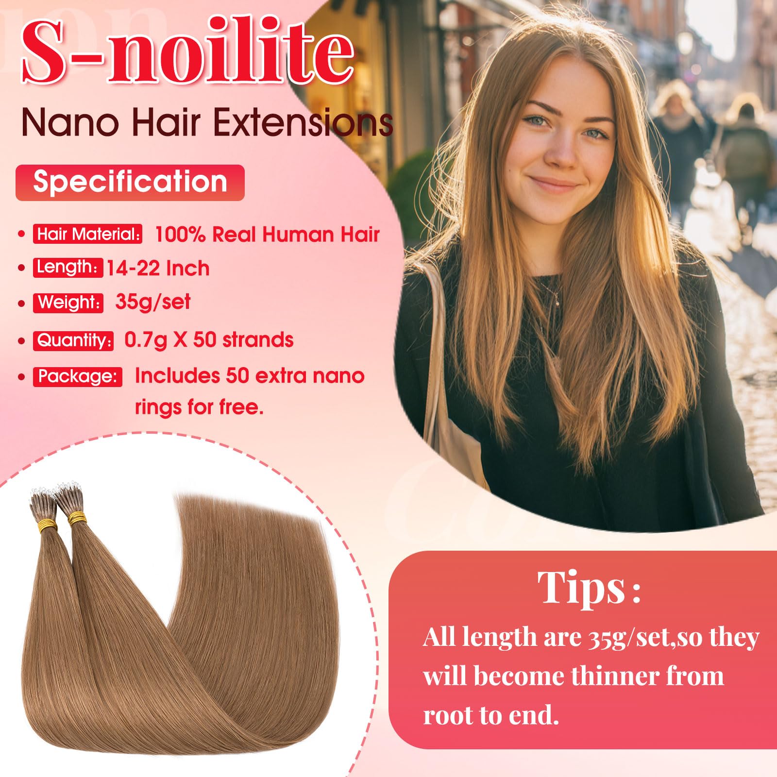S-noilite Nano Hair Extensions Real Human Hair Light Brown - Image 2