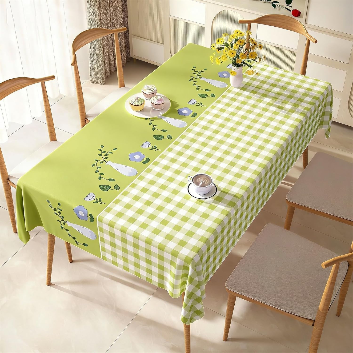 KIJyfgTR Rectangular Tablecloth With A Checked Floral Pattern Kitchen Worktop Decoration(Green,140x260cm)