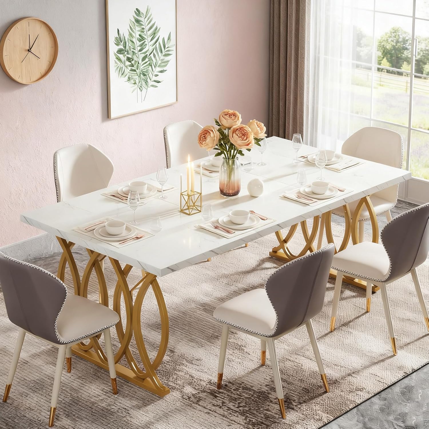 Tribesigns Dining Table for 4-6, Modern Kitchen Table with Marble-Like Print Stickers, White Tabletop and Gold Geometric Legs, 63" Large Rectangular Kitchen & Dining Room Furniture