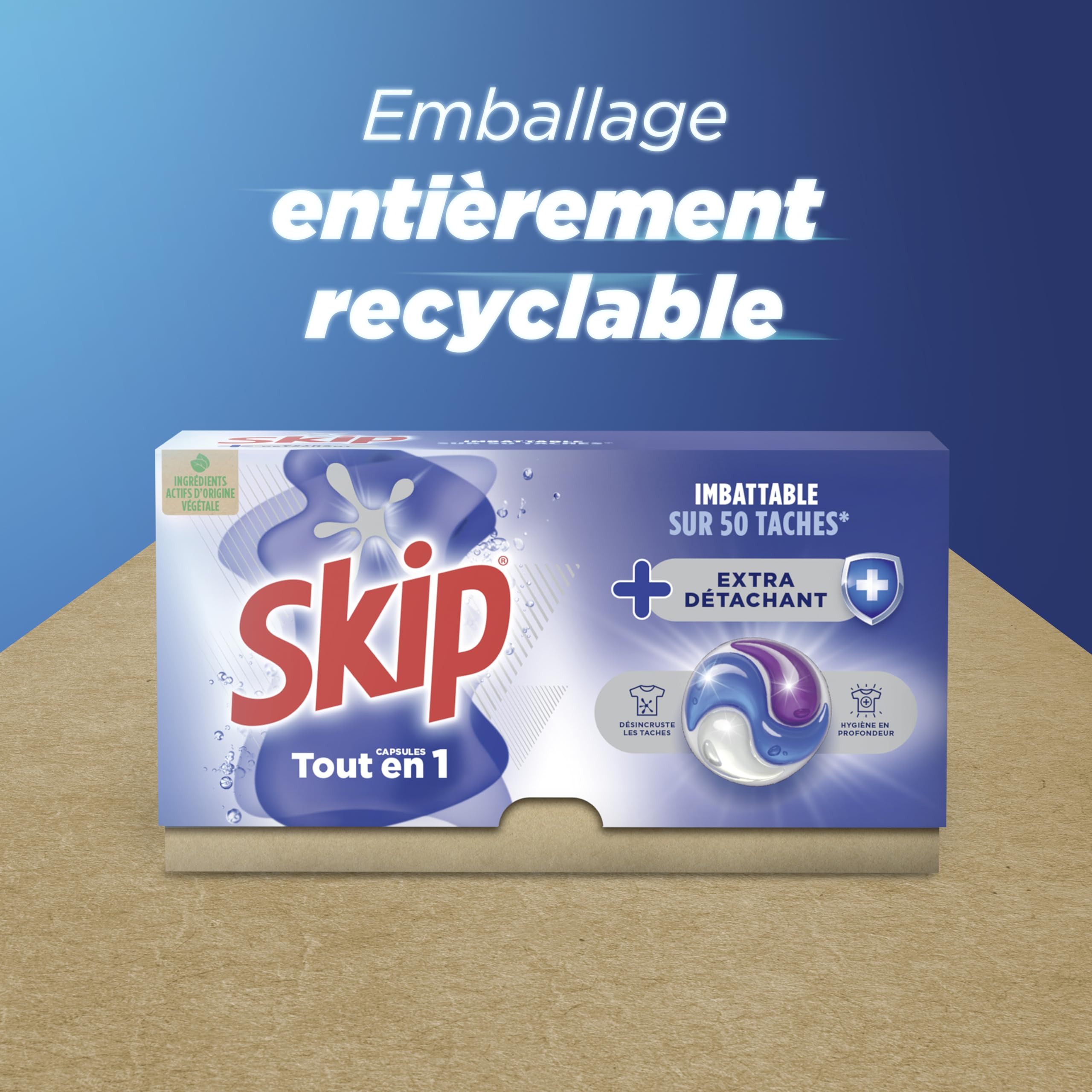 Skip Capsules Lessive Tout en 1 Extra Détachant, 72 Lavages | Élimine 50 taches tenaces, efficace en cycle court et à froid, formule concentrée pour un linge propre