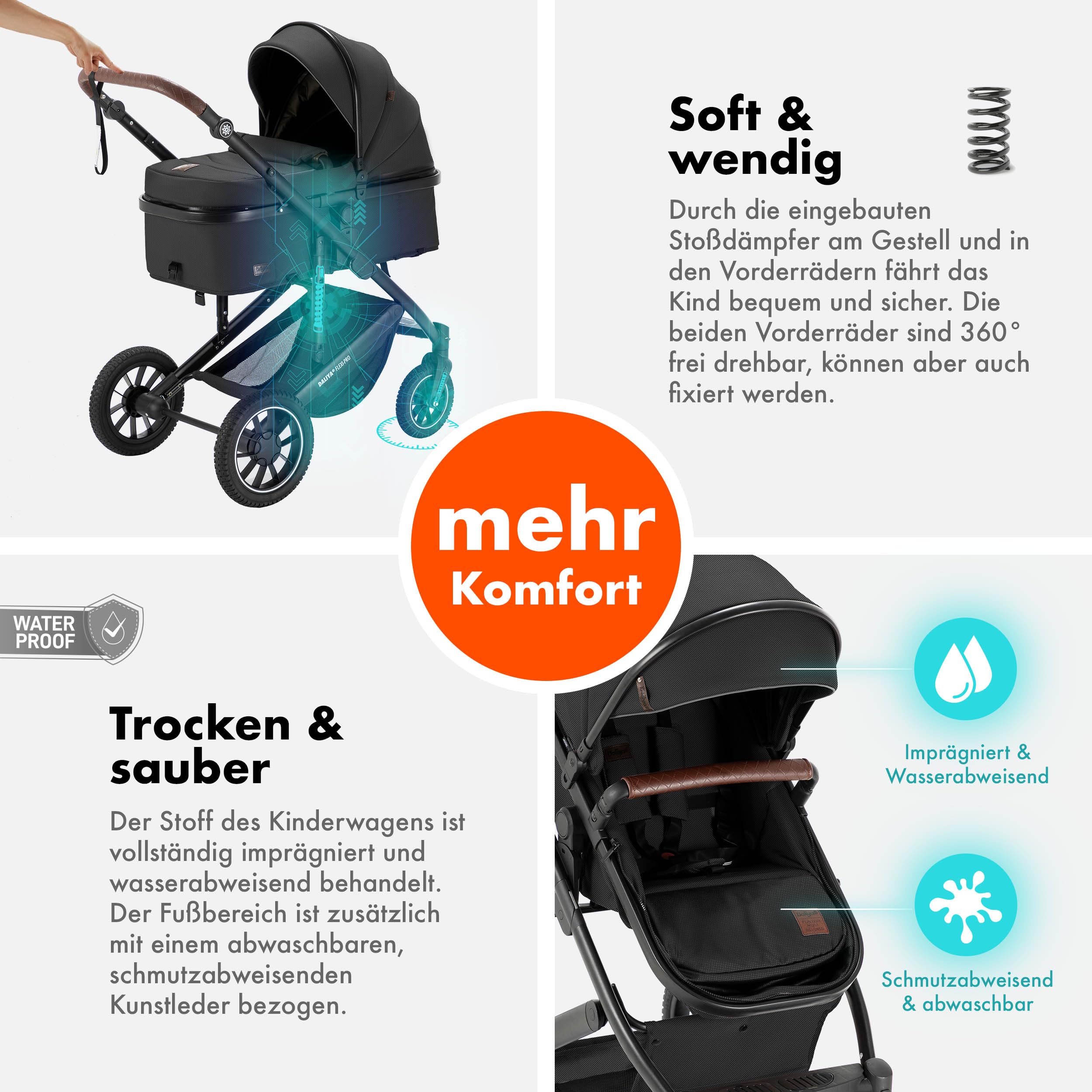 Daliya® FLEXI-PRO M 2 in 1 passeggino combinato e passeggino – Set XXL – Passeggino da viaggio con una sola mano, protezione dalle intemperie, seggiolino sportivo, borsa fasciatoio, tavolo da gioco