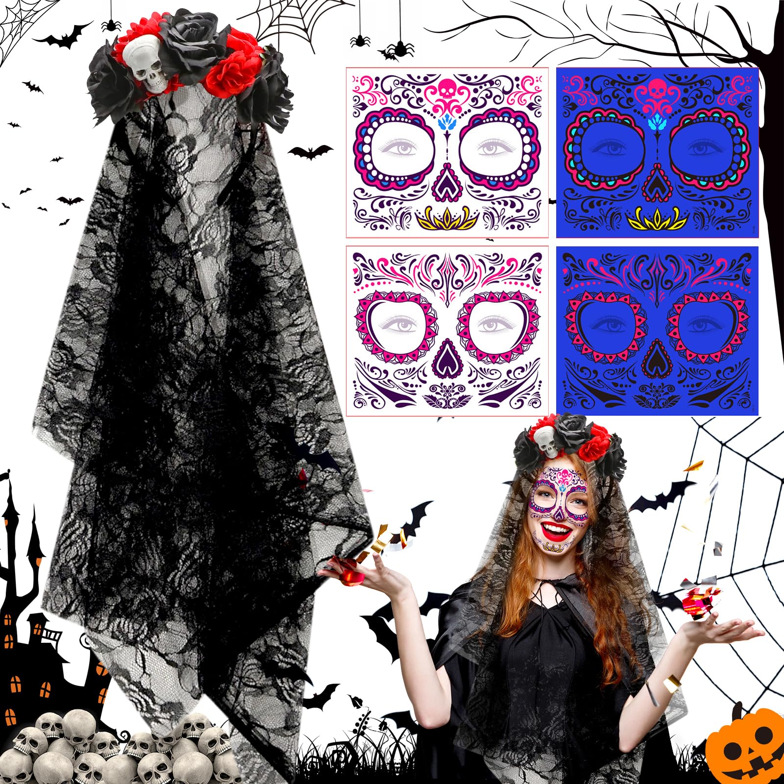 Benaton Halloween Veil, Day of the Dead Lace Roses Veil, Mexican Headband Roses Skull Headpiece, Zombie Bride Red Rose Headband Veil (2 Fluorescence Face Stickers)