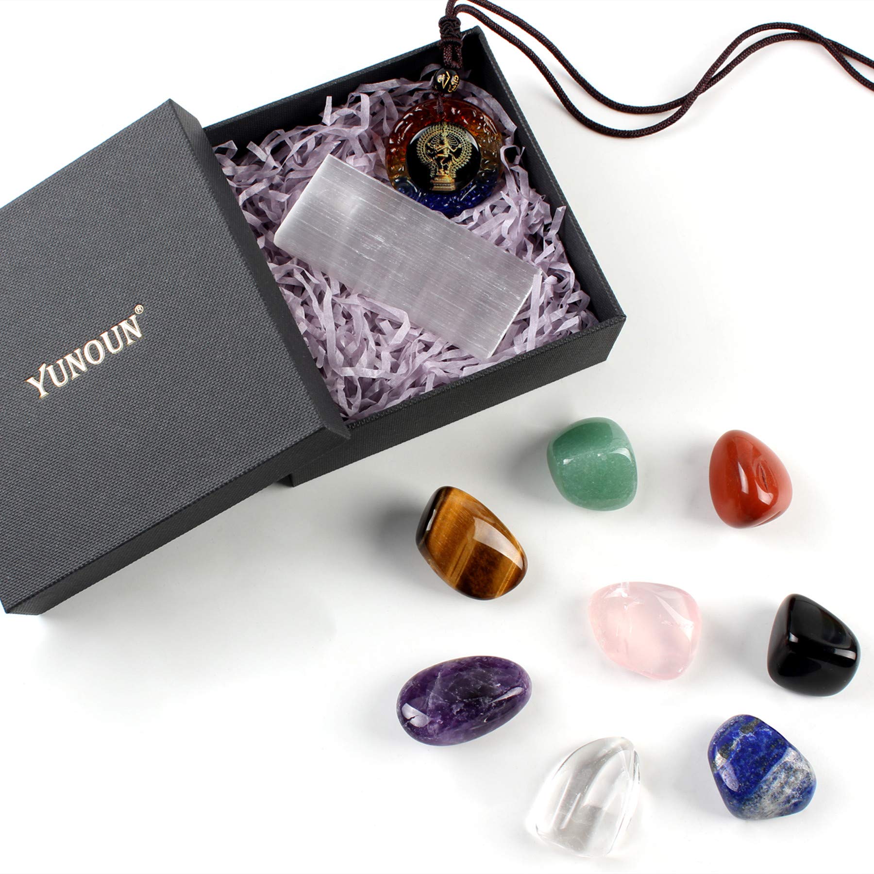 Yunoun Natural Chakra Stone for Crystal Healing Kits ，Reiki Healing Crystal Chakra Stones（Smooth * 8pcs+1pcs）