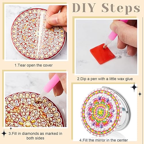 Miniatura 4 de Marsui Espejo compacto de pintura de diamante con mandala, espejo de bolsillo con cubierta de pintura de diamante, aumento portátil, plegable,