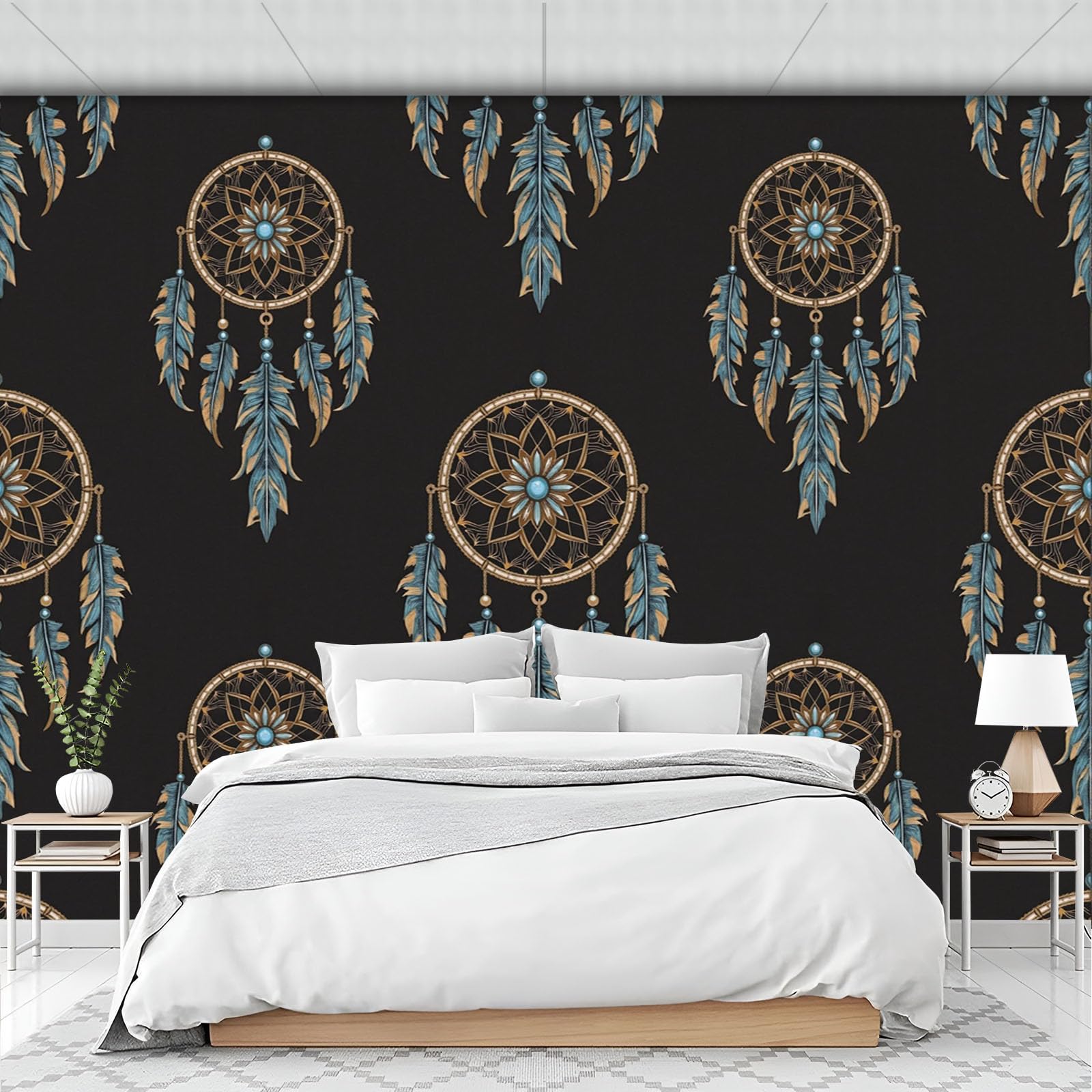 Fototapete Traumfänger Ethnische goldene Luxusfedern Wandtapete Groß Modern Wandbild für Wohnzimmer Schlafzimmer Büro Café 250x175cm(nicht selbstklebend,) Dekorative Tapeten,Non self-adhesive