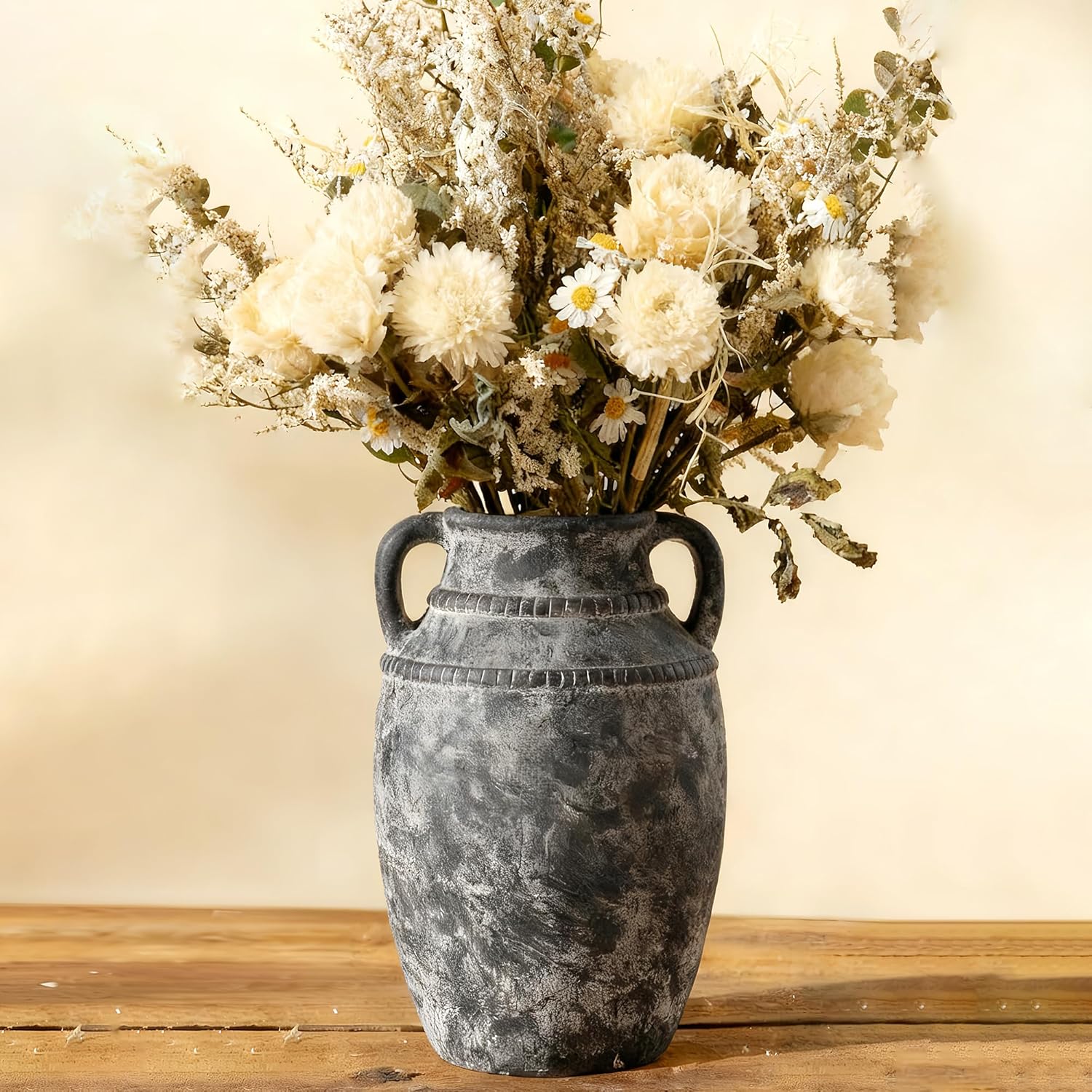 Lvases Farmhouse Rustic Ceramic Vase with Handles, 11 inch Gray-White Textured Modern Terracotta Vintage Vases for Home Decor Centerpieces Table Pottery Barn Furniture Decorative (Tall - C)