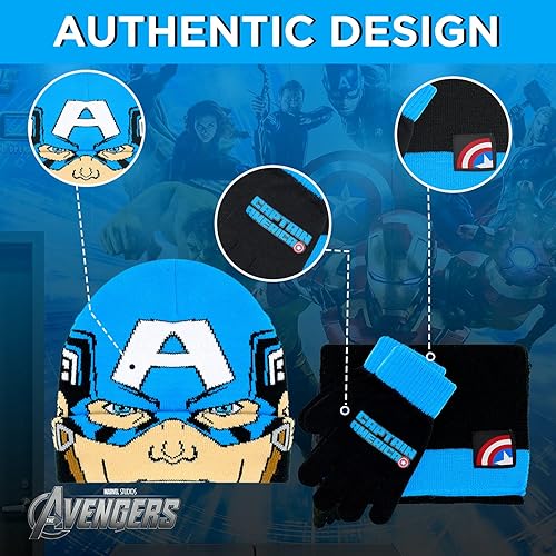 Miniatura 6 de Marvel Avengers - Juego de 3 pañuelos y guantes de nieve para niños, suave y cálido gorro con pompones, bonito uso al aire libre para niños y niños
