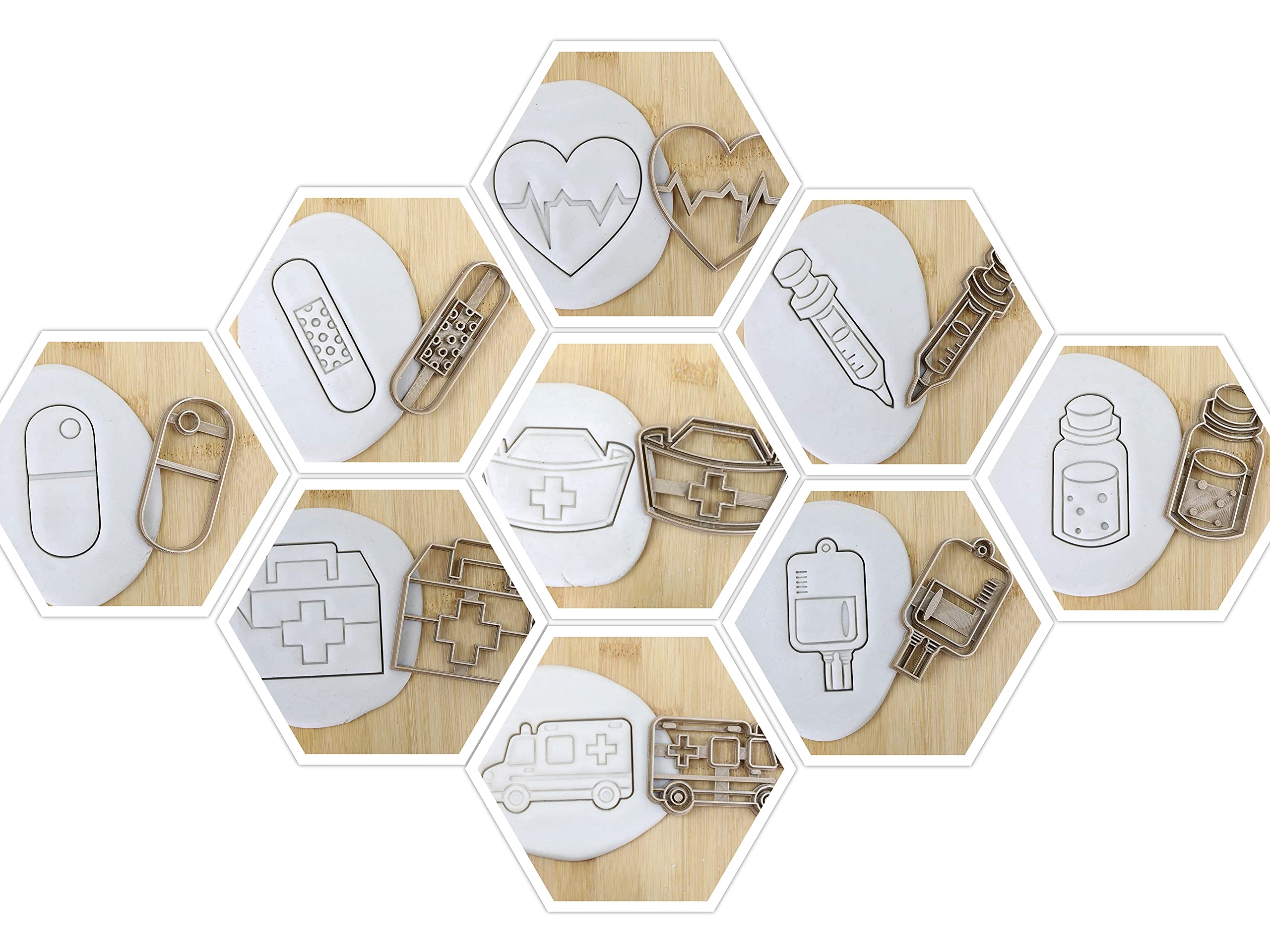 Erste Hilfe/Medizin Set(9st) EKG/Blut Spende/Spritze/Pflaster/Krankenschwester Haube/Krankenwagen/Cookie Cutter Fondant Keksstempel/Ausstechform Keksausstecher Plätzchen ca. 8cm