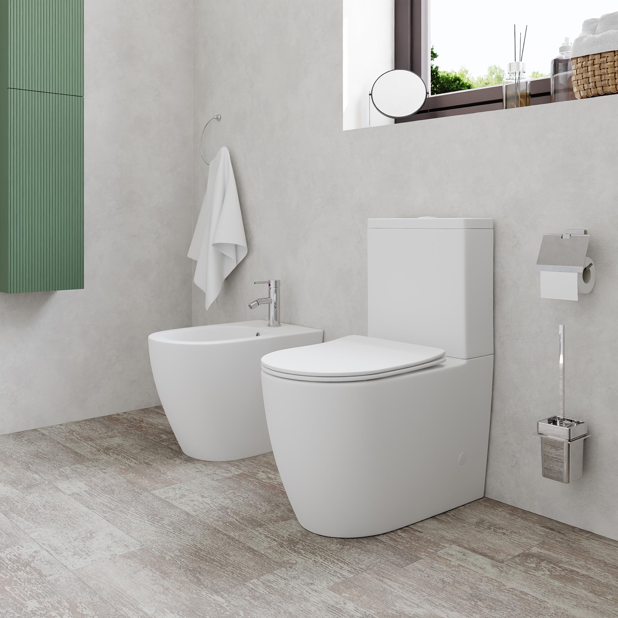 Coppia di sanitari filomuro vaso monoblocco rimless e bidet bianco opaco | Europa