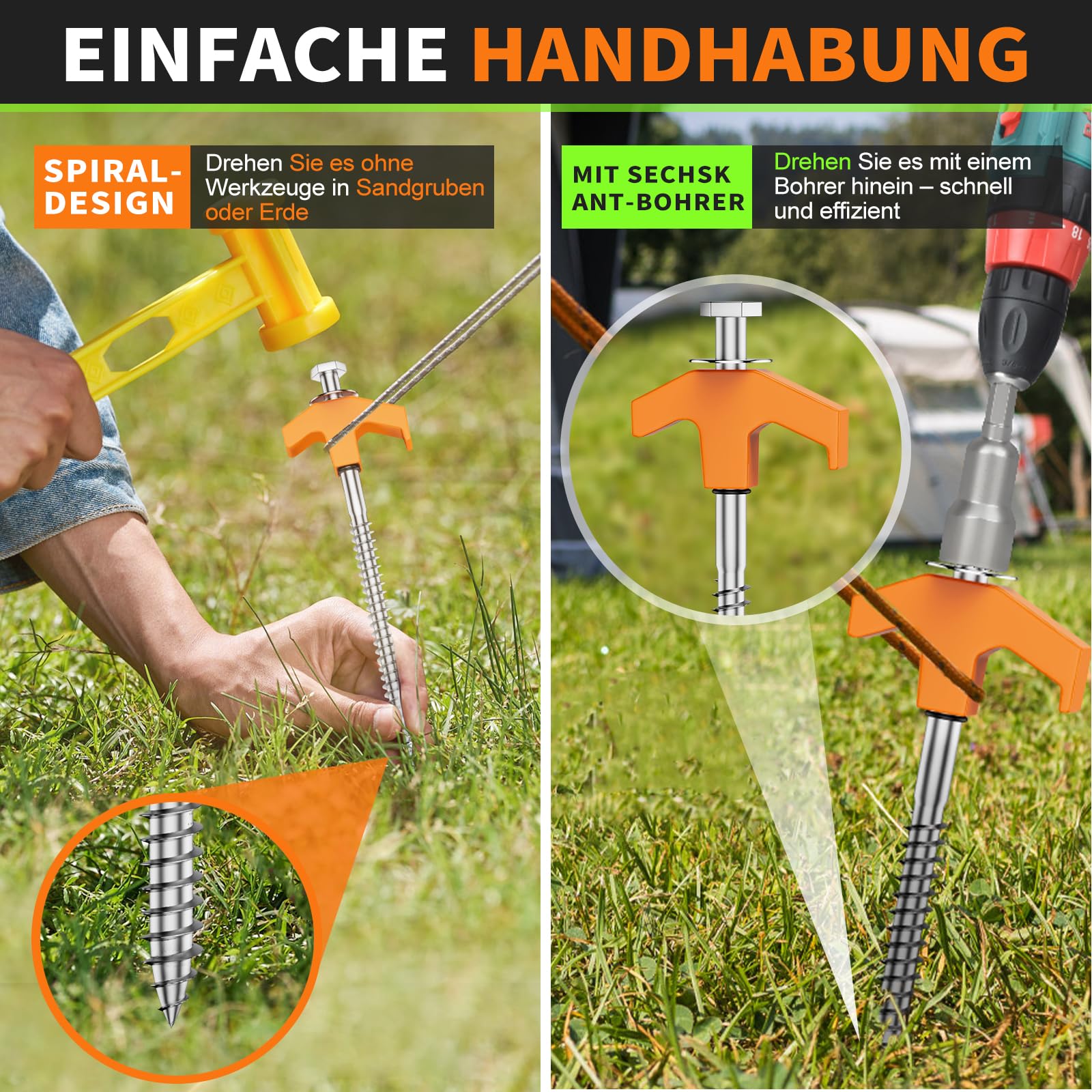 Zeltheringe, 24x Heringe Erdnägel Stabil mit Box, Stark Zeltheringe Sturmsicher mit Gewinde, Anti-ROST Camping Heringe Zelt für Harten Boden, Gras, Sandboden,Wald, Wiesen, Orange