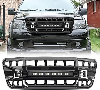 AM AMERICAN MODIFIED Direct Fit Replacement Front Armor Grille Compatible with 2004 to 2008 Ford F150 with Off Road LED Light Bar, Glossy Black