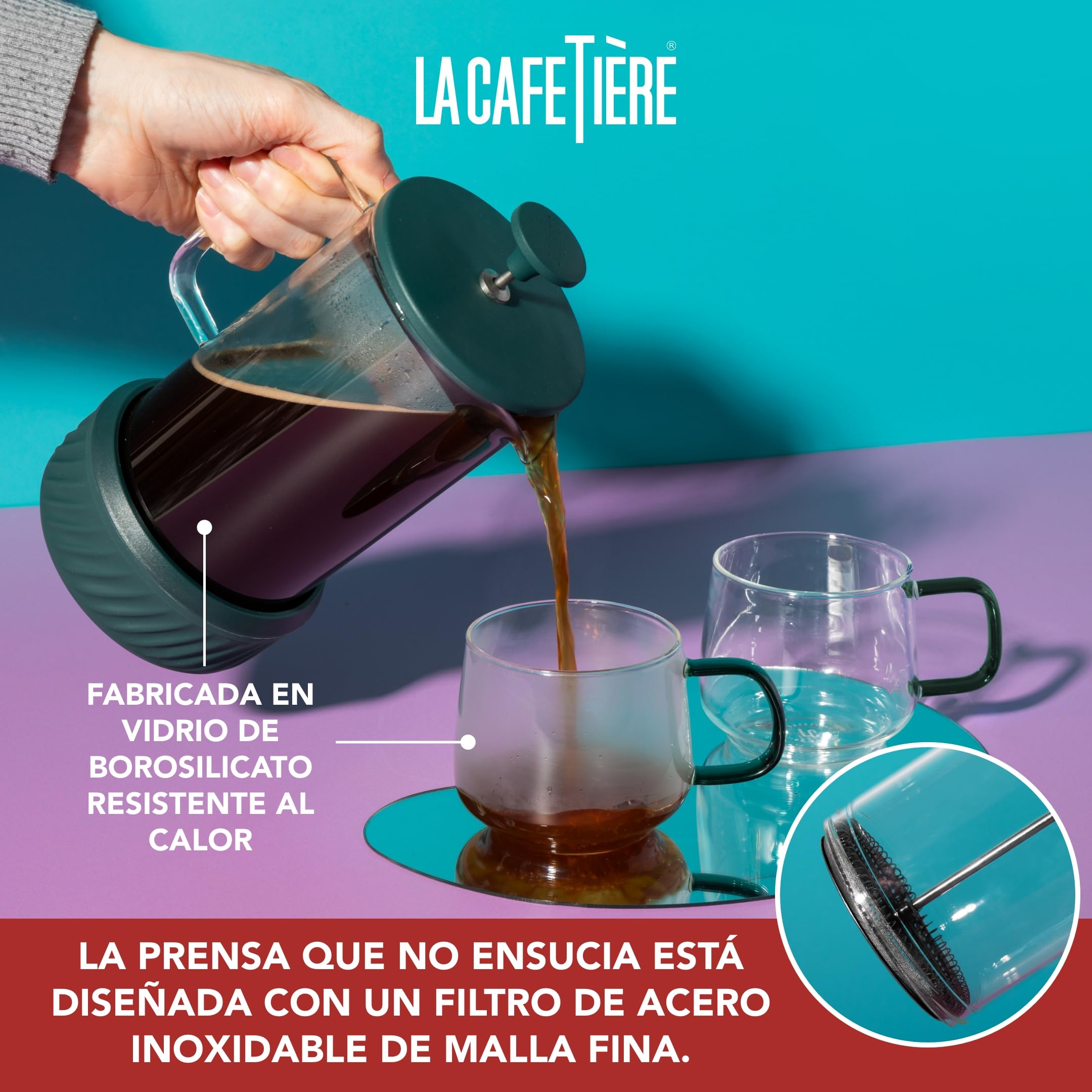 La Cafetière - Cafetera Zero con capacidad para 8 tazas y juego de tazas, prensa francesa resistente al calor, mango de vidrio y base de silicona extraíble, fácil de limpiar, color verde