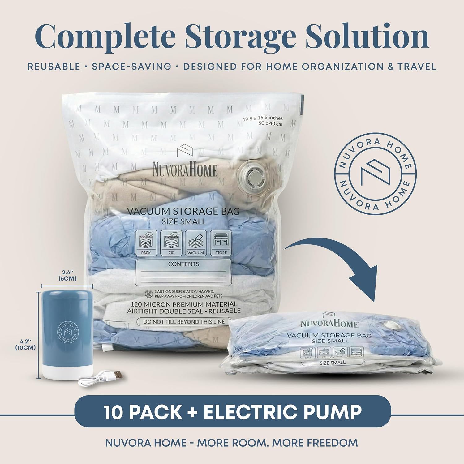 Vacuum Storage Bags – Vacuum Seal Bags for Clothing Travel with Pump, Capless Valve & Thick 120 Micron Walls – 10-Pack Multi Size Bag Set for Storage, Clothes, Bedding, & Travel Essentials