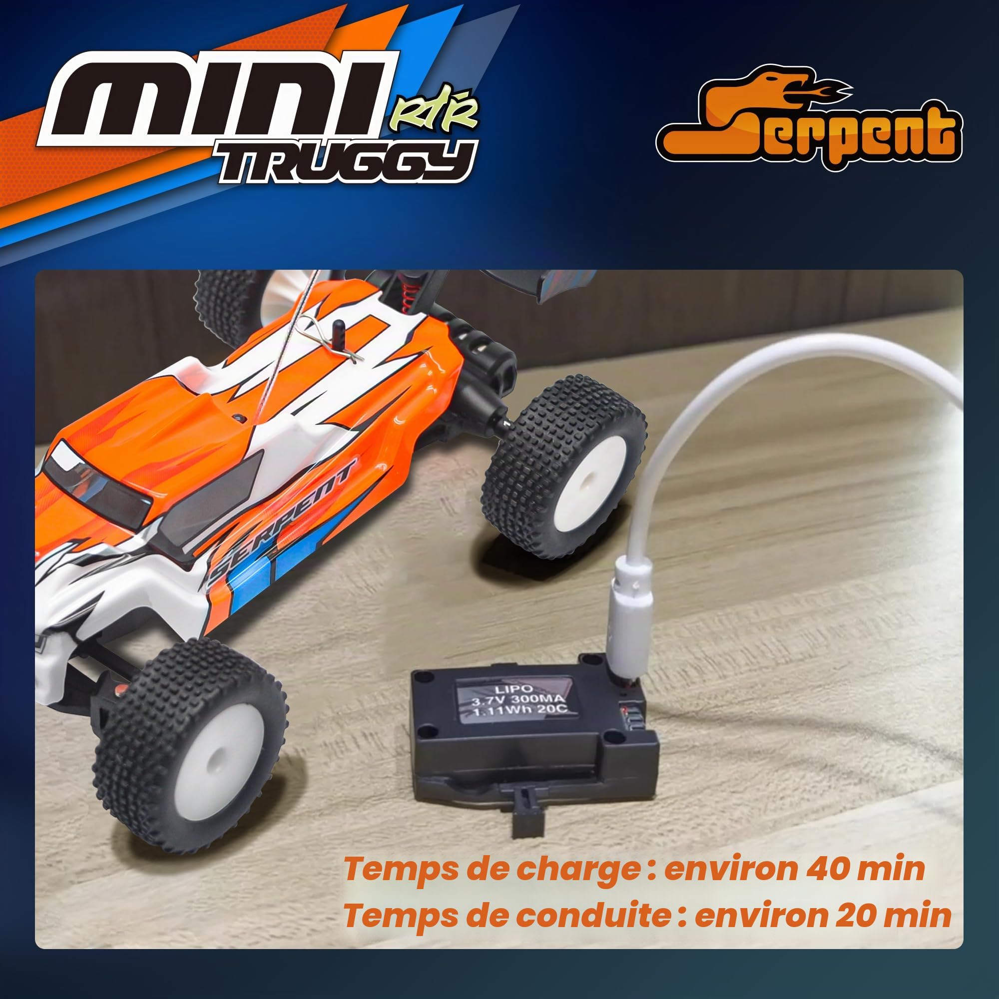 Serpent Mini Truggy RTR 1:24 à 2 Roues motrices, échelle 1/24 2,4 GHz, Buggy Tout-Terrain RTR, Haute Performance avec 1 Batterie et 1 câble de données USB
