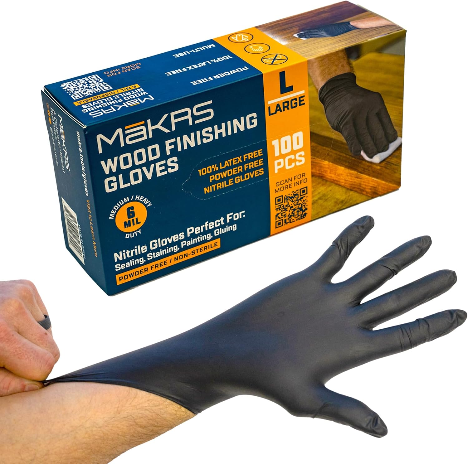 MāKRS Nitrile Wood Finishing Gloves, 6 Mil Nitrile Gloves, Powder and