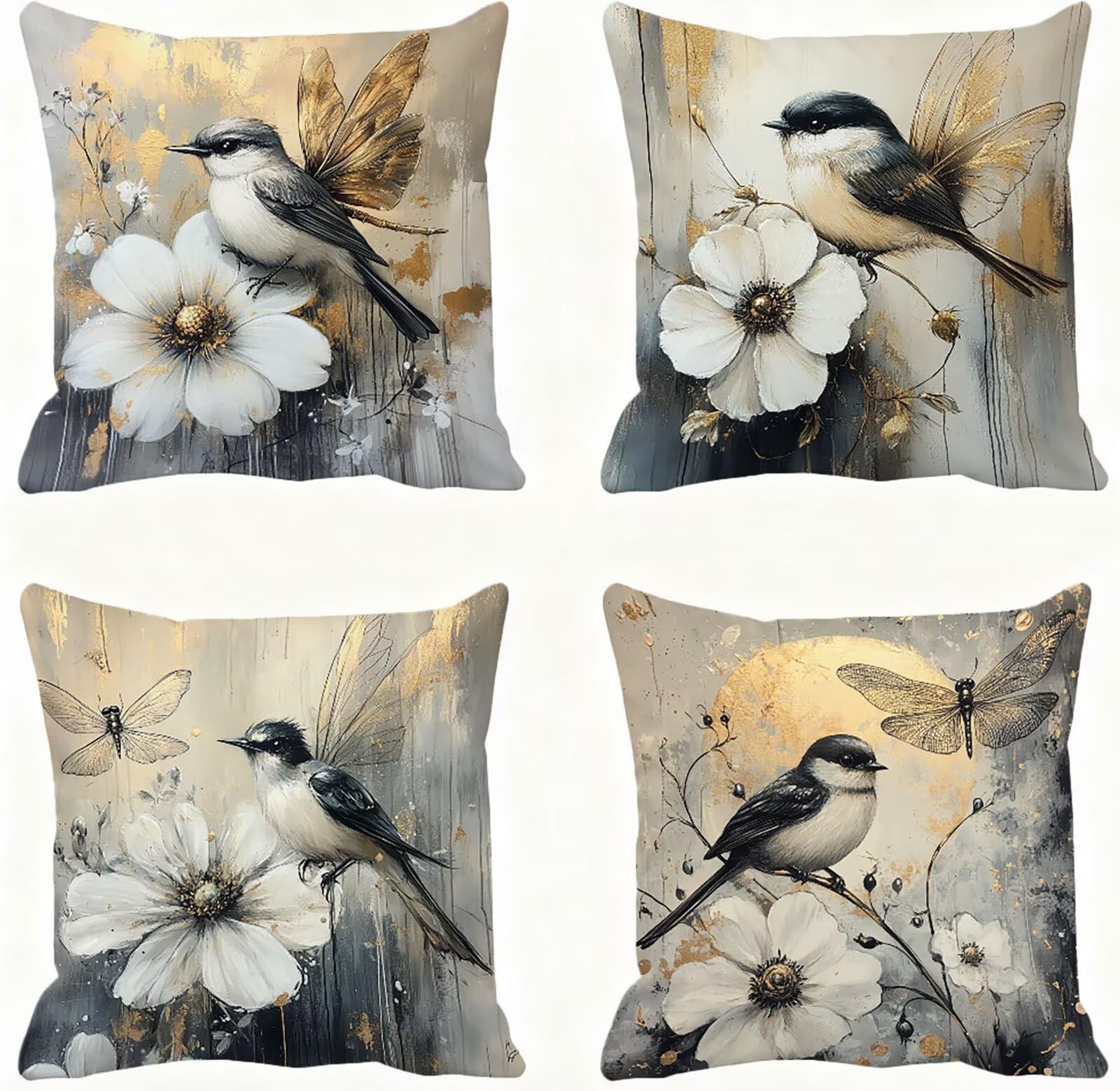 Protège oreiller 45x45 oiseau lot de 4 housses lavables pour canapé gris