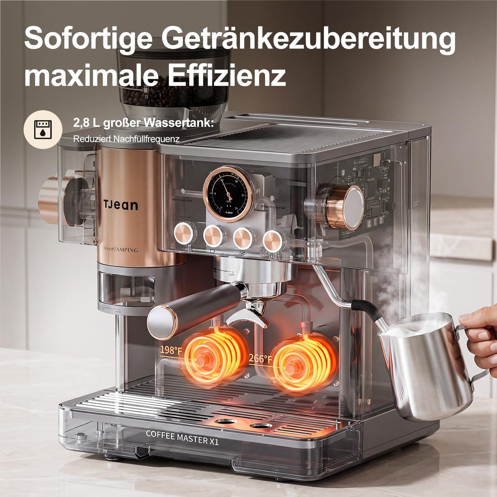 Tjean Barista Senso Doppelboiler Siebträgermaschine mit Mahlwerk und Manuellem Milchschäumer,3-in-1 Dampf-Espressomaschinen,20 Bar ital. Drucksystem,2,8L Wassertank (Grau-Gold)