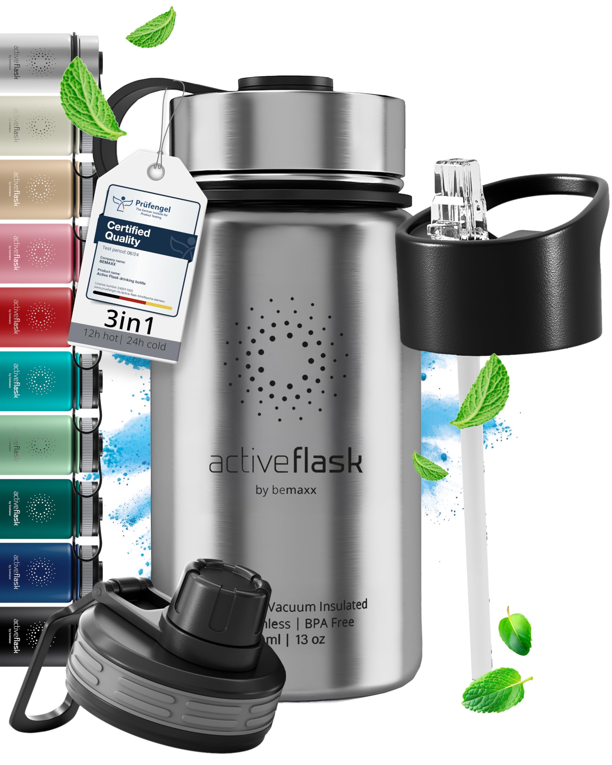 Trinkflasche Edelstahl ACTIVE FLASK + Strohhalm (3 Deckel) BPA-frei, Auslaufsicher, Kohlensäure geeignet - Wasserflasche Fahrrad Thermosflasche Isoliert Isolierflasche Sport Wasser Flasche Kinder Tee