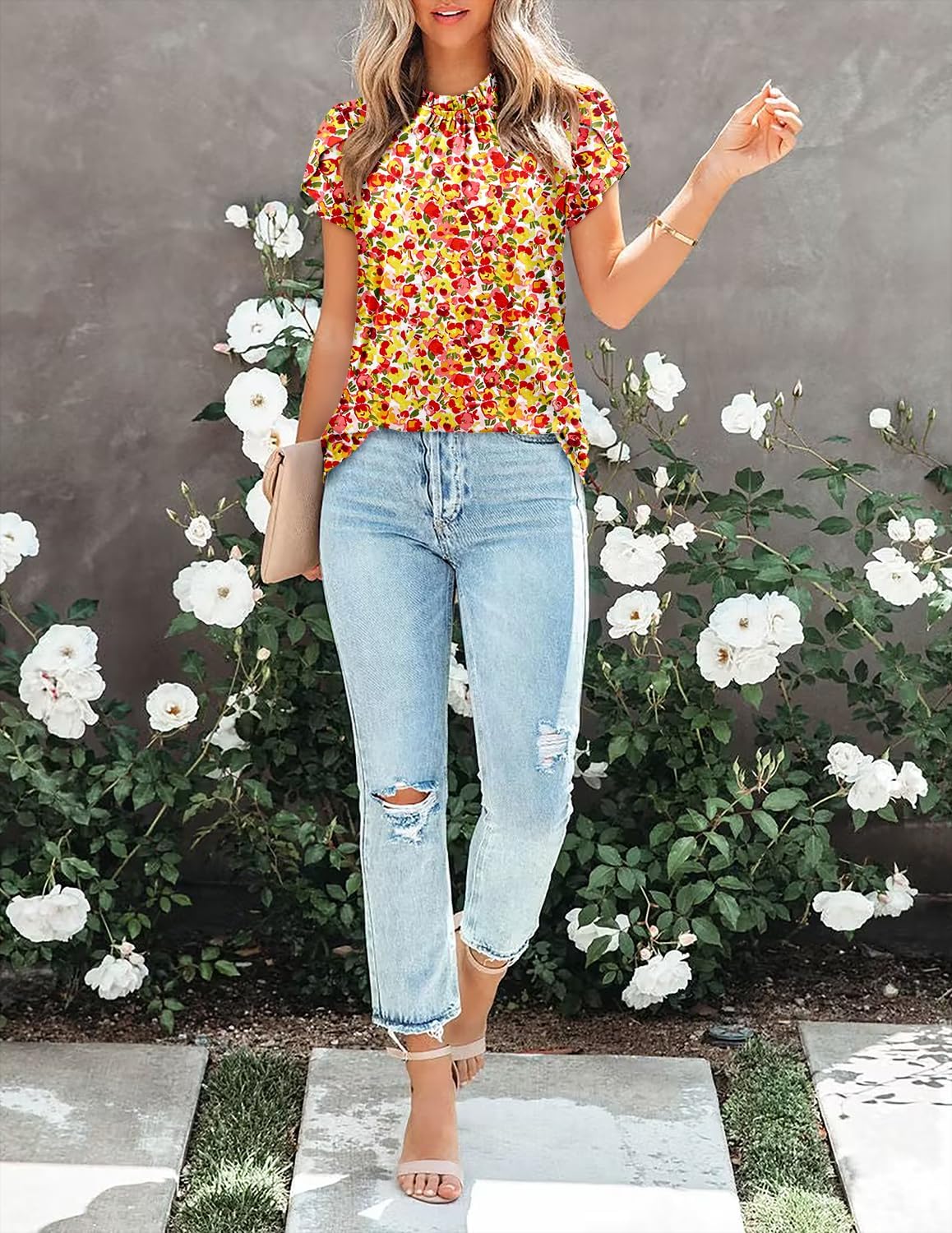 CHICZONE Women's Mock Neck Casual Summer Tops Ruffle Short Sleeve Keyhole Back Boho Blouses - Image 5