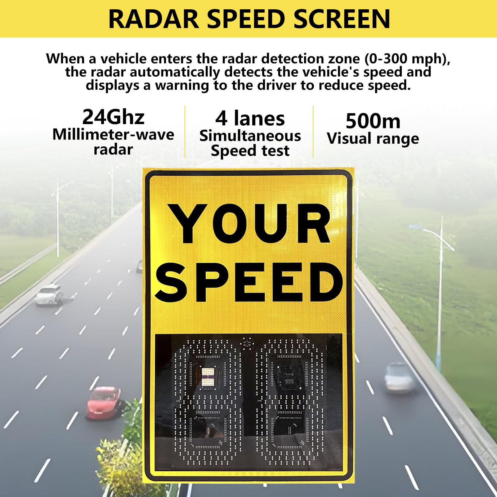SeñAl Led de Radar con EnergíA Solar, SeñAl de Velocidad, Panel de Advertencia de TráFico con Control Remoto y Accesorios, Distancia Visible >1000 M, para Calles y Barrios Yellow-50x70cm