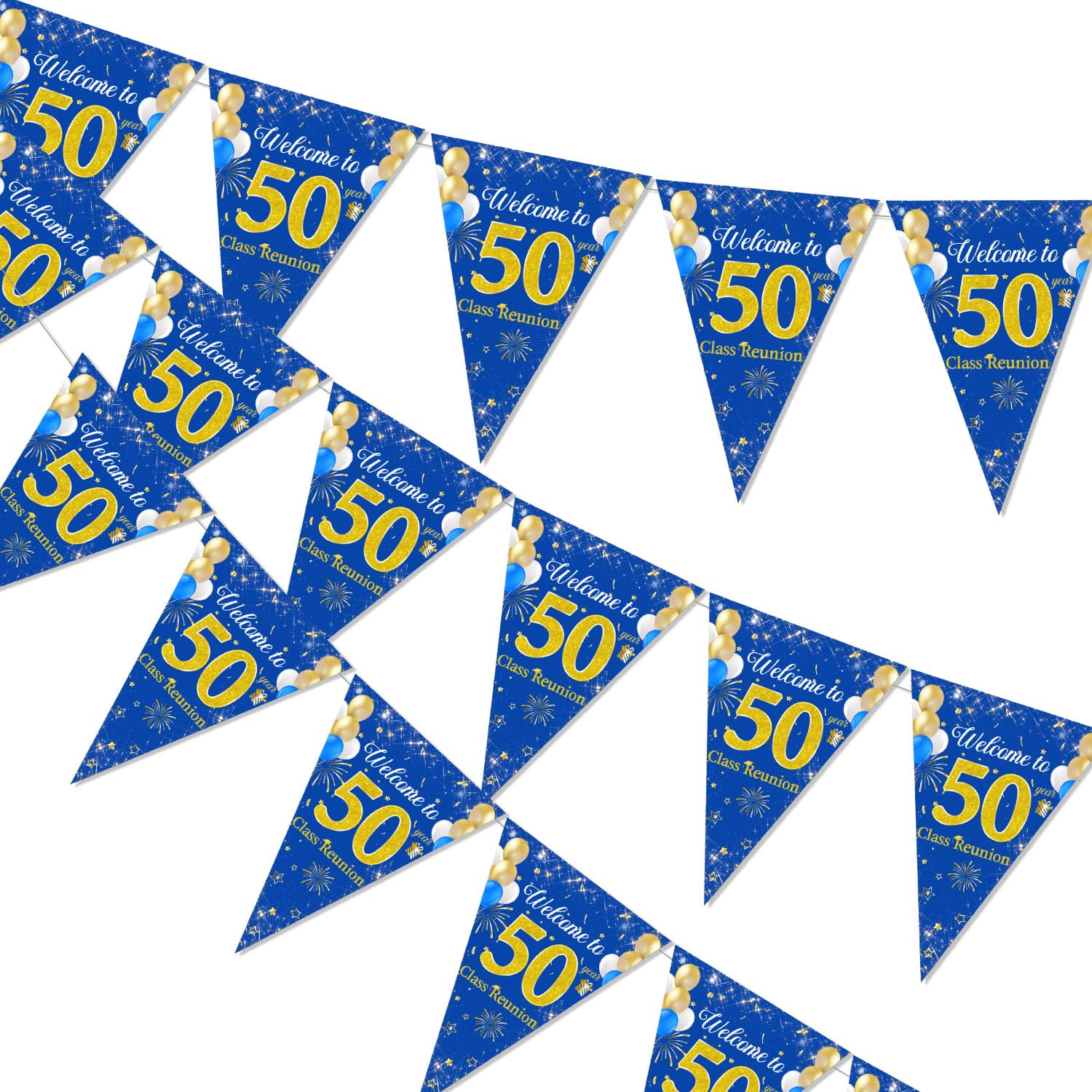 3Pcs 50 Year Class Reunion Triangle Pennant Banner Blue 50th School Class Reunion Decorations Welcome to 50 Year Triangle Banner Balloons Fireworks Flag for 1975 High School Reunion Welcome Back Party