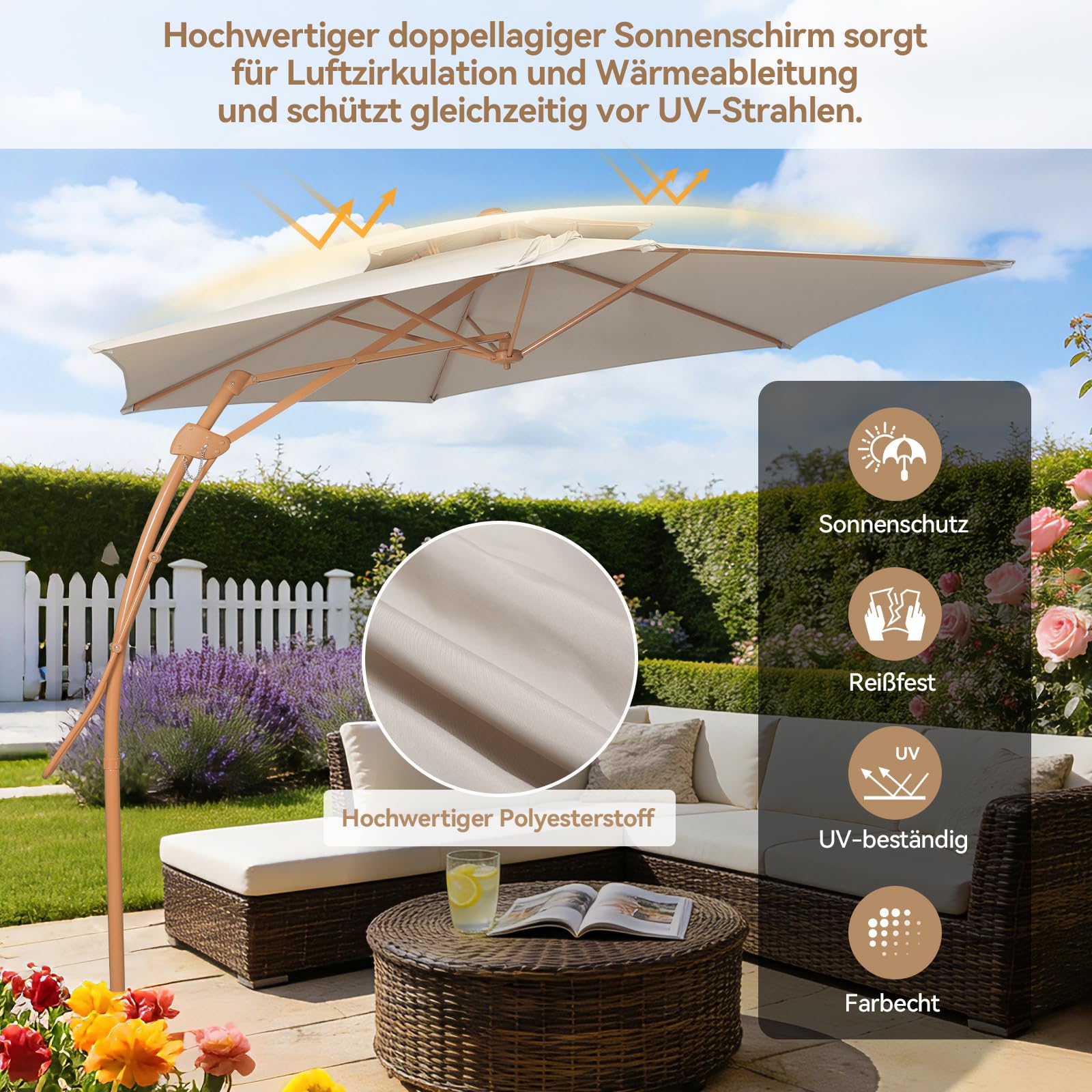 Sonnenschirm Balkon 300cm Gartenschirm Ampelschirm mit Kurbel UV-Schutz,Doppel-Top Design,Kurbelschirm mit 6 robusten Streben,für Garten Terrasse Balkon, inkl, Beige