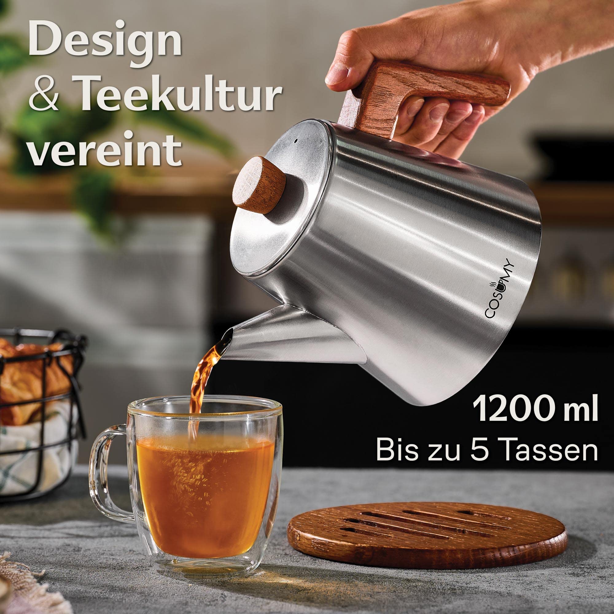 Cosumy Teekanne mit Siebeinsatz und Untersetzer - Dickes Edelstahl - Induktion & alle anderen Herdarten - 1200ml - Thermo Teekanne Metall mit Warmhaltefunktion