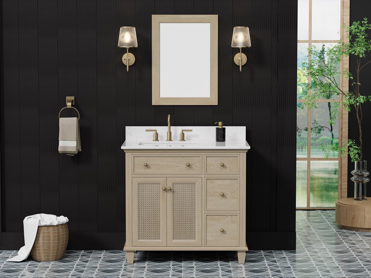 TILE & TOP Ronnie 36" Single Bathroom Vanity, 37" W x 22" D x 34.5" H, Carrara White Quartz Top with Sink & Backsplash, Light Oak, Solid Wood, Pre-Assembled, 4 Drawers, 2 Doors, Adjustable Feet.