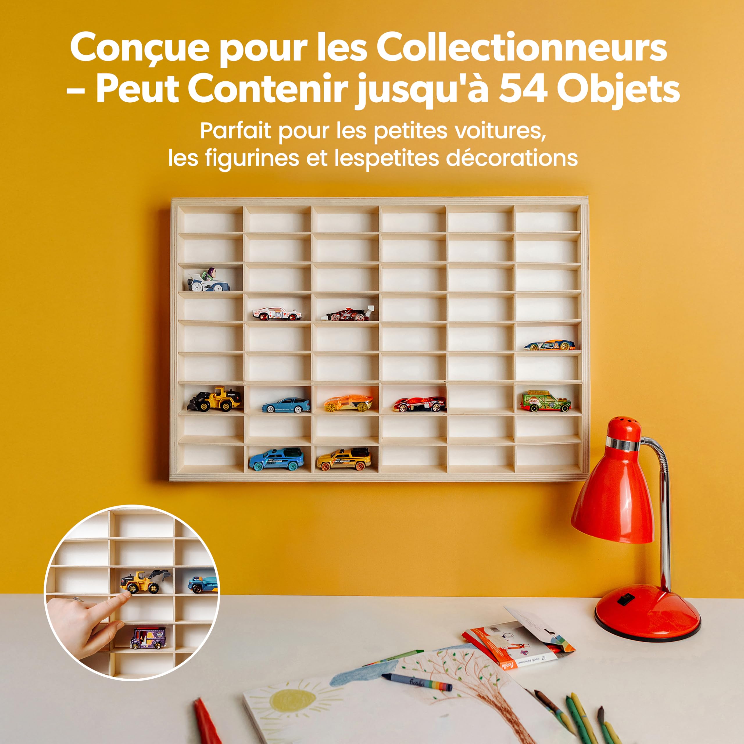 Creative Deco Étagère de Collection en Bois pour Petites Voitures – 54 Compartiments Réglables | 60 x 40 x 5,5 cm | Contreplaqué Naturel | Étagère Murale Verticale pour Figurines
