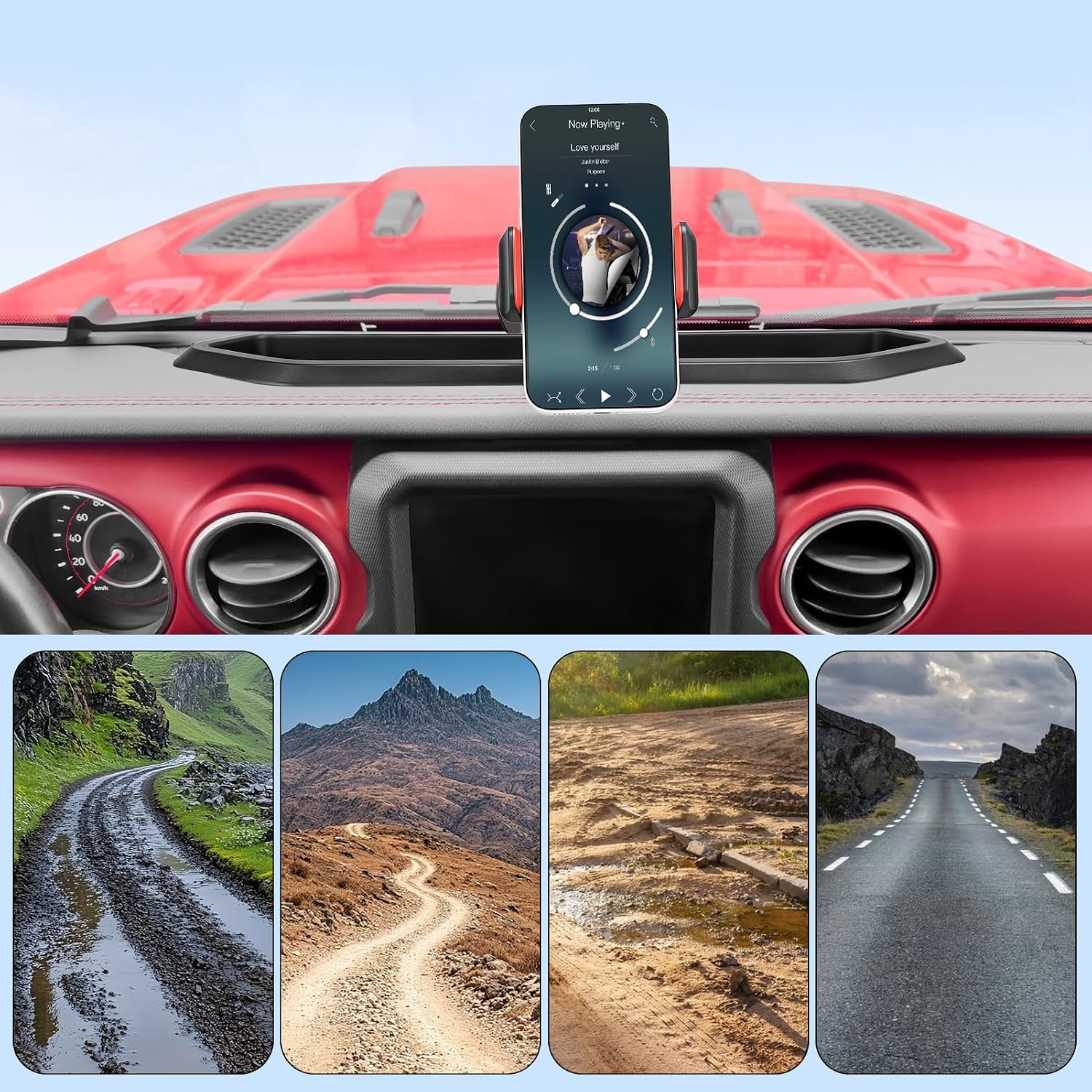Dash Mount Phone Holder, Dashboard Phone Mount with 360 Degree Rotation and Adjustable Clamp Arms for JL JLU 4X4 2018 2023 and JT 2020 2023, Compatible with 4 to 7 Inch Phones